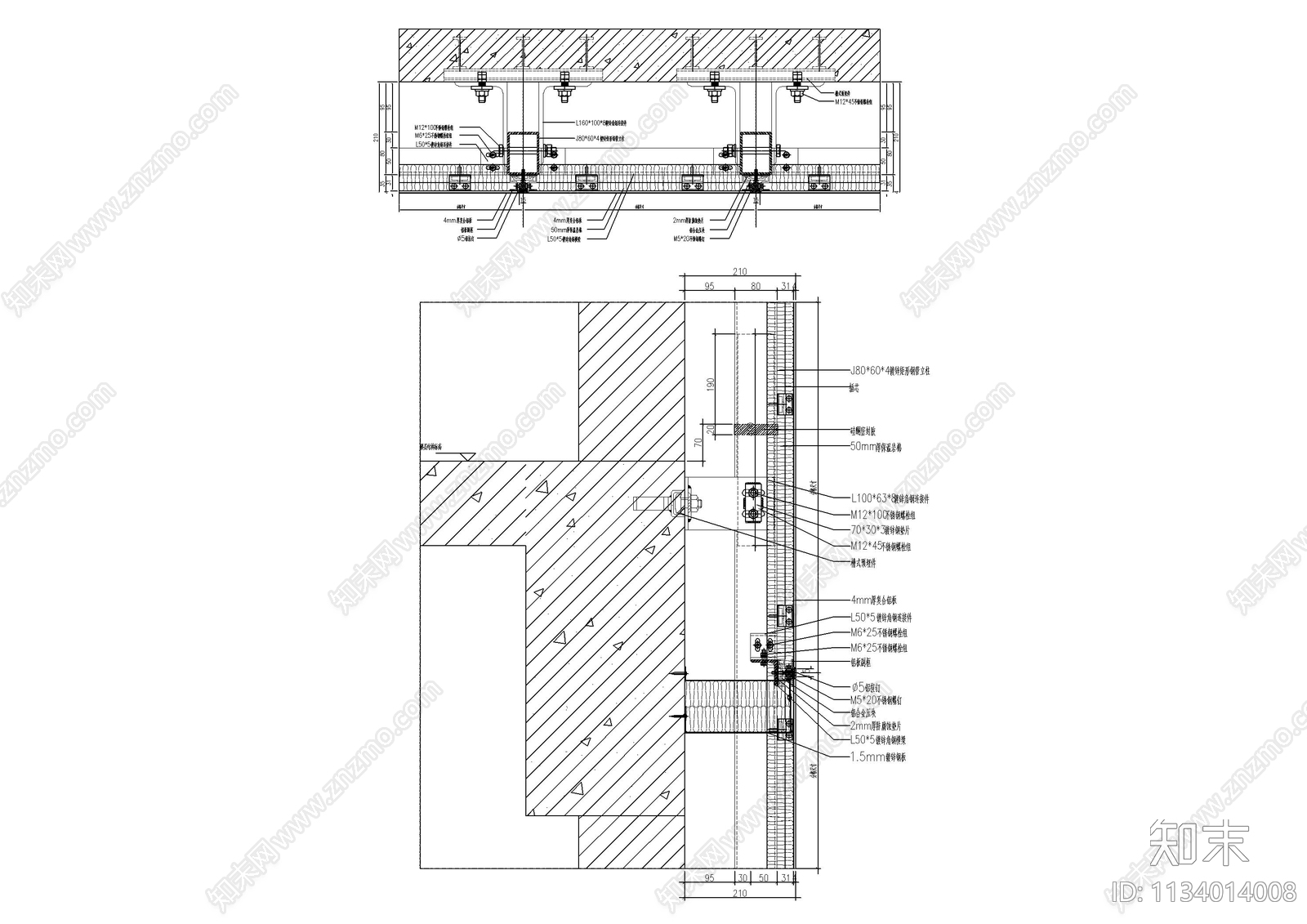 干挂铝塑板复合铝板节点cad施工图下载【ID:1134014008】