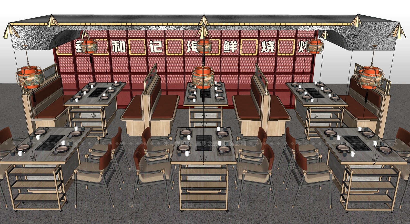 新中式烧烤店SU模型下载【ID:1134015284】