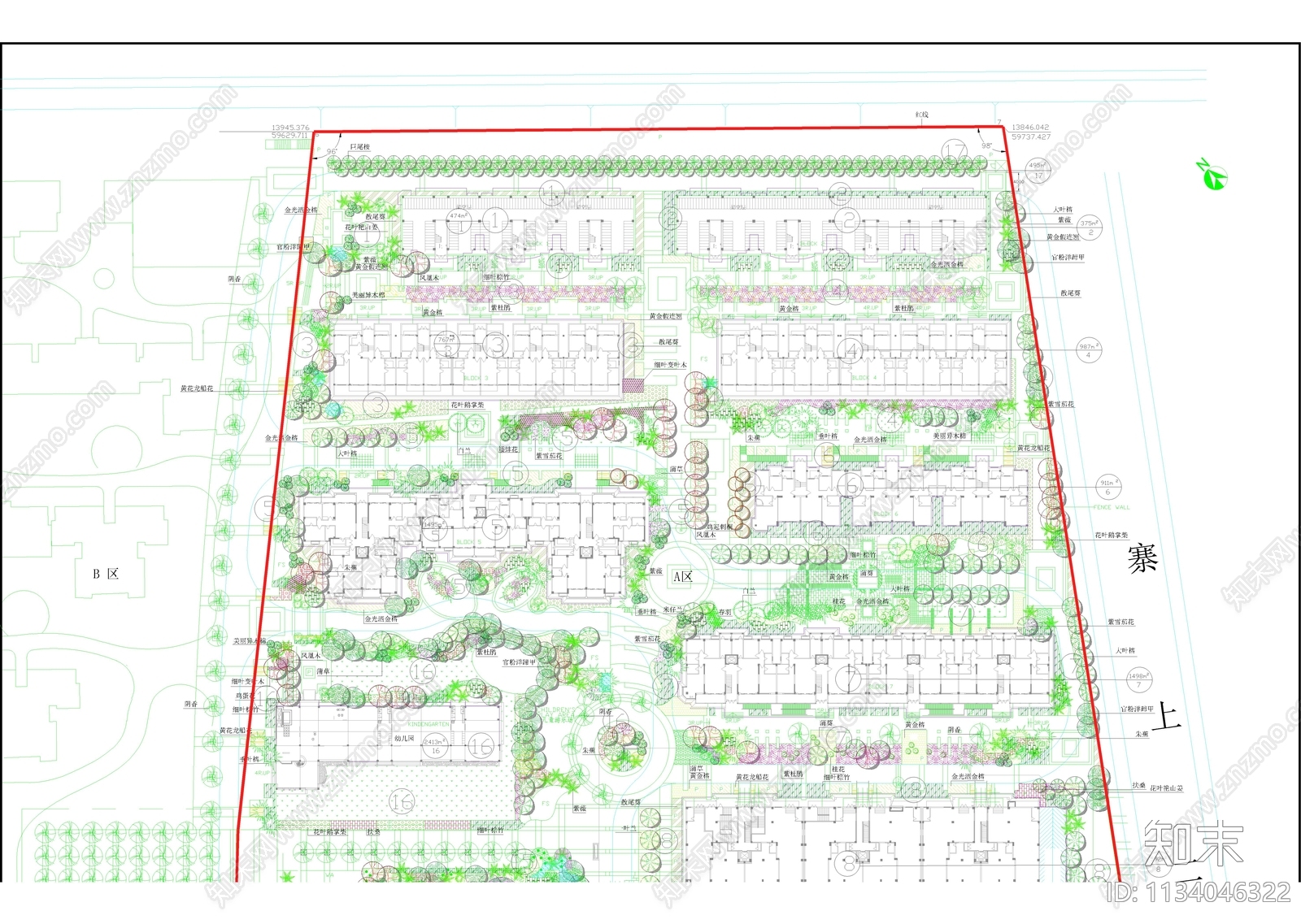 小区景观绿化平面图cad施工图下载【ID:1134046322】