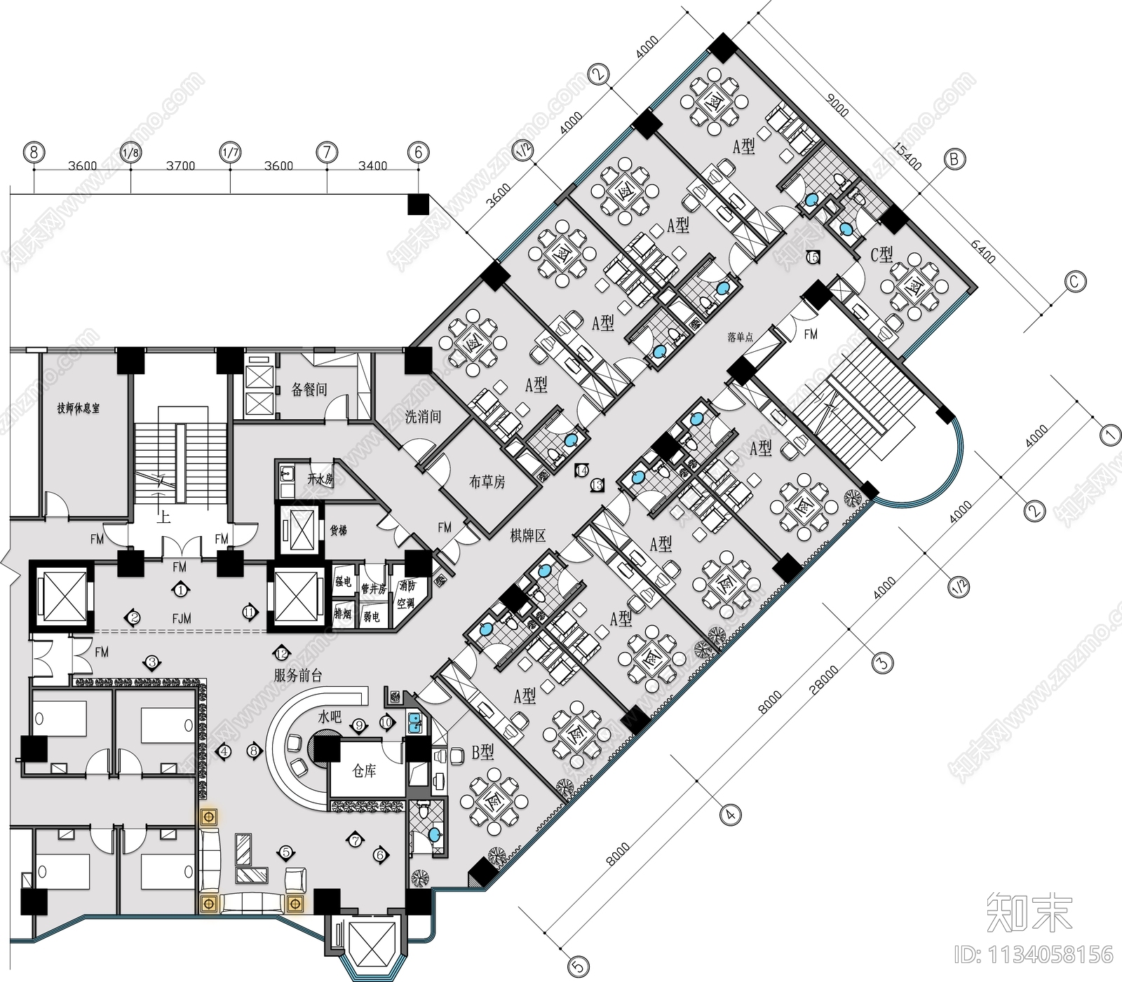 棋牌室平面布置图施工图下载【ID:1134058156】