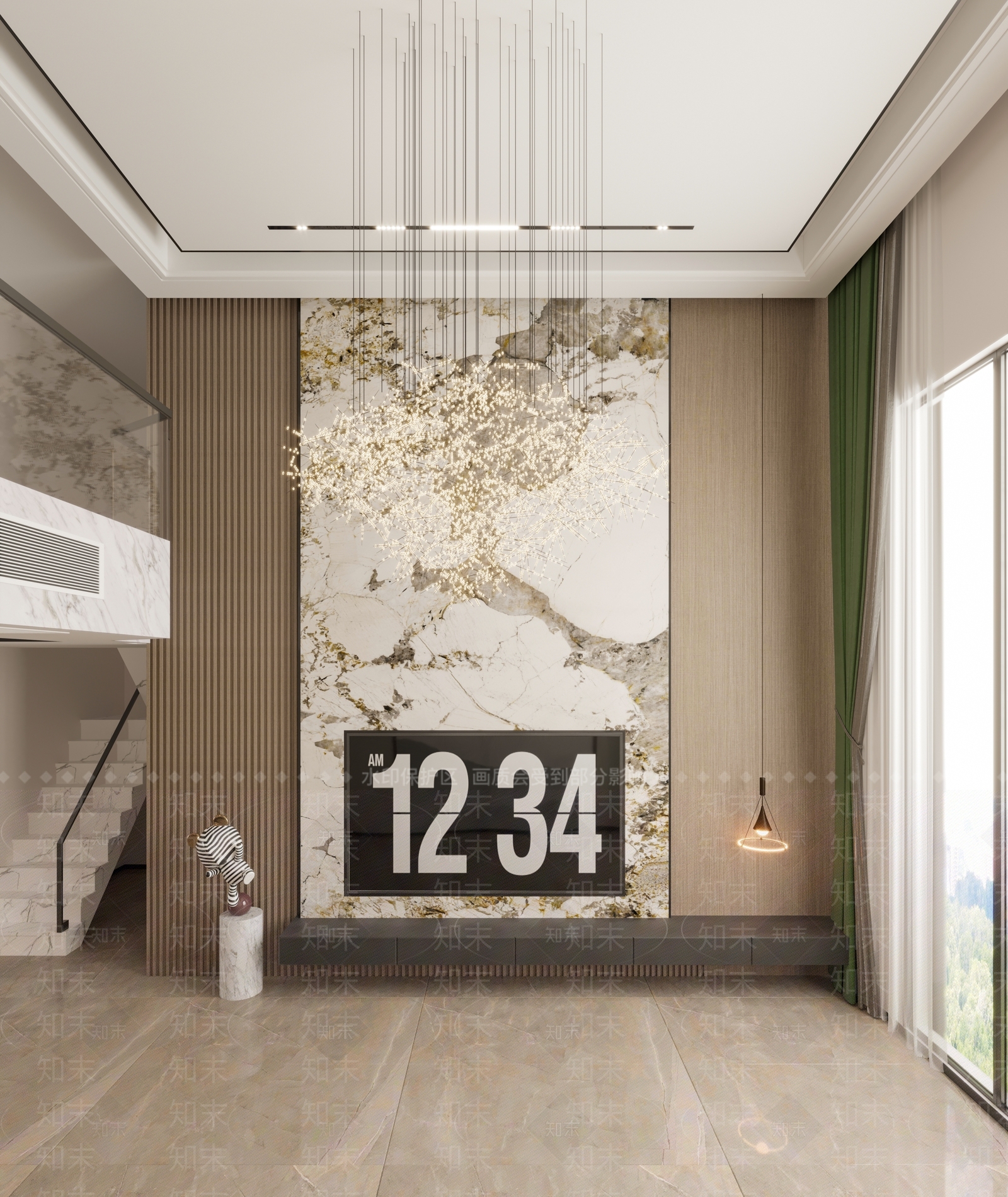 现代别墅客厅挑空电视背景墙3D模型下载【ID:1134065816】