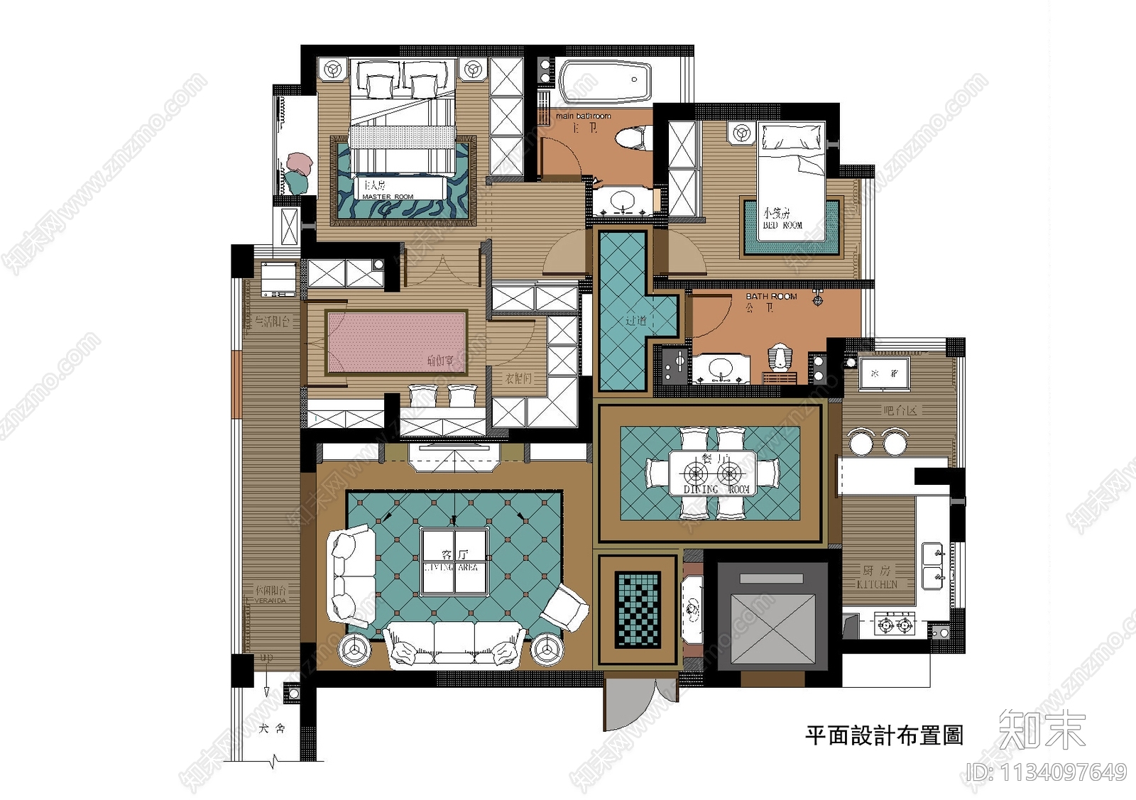 田园风三居室装修cad施工图下载【ID:1134097649】