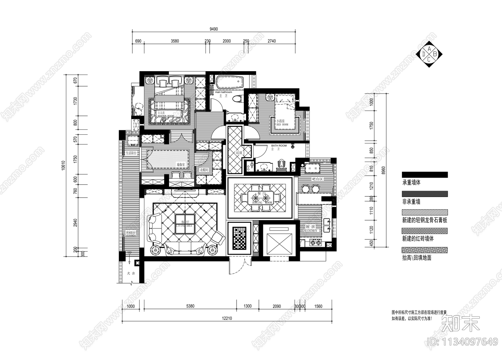 田园风三居室装修cad施工图下载【ID:1134097649】