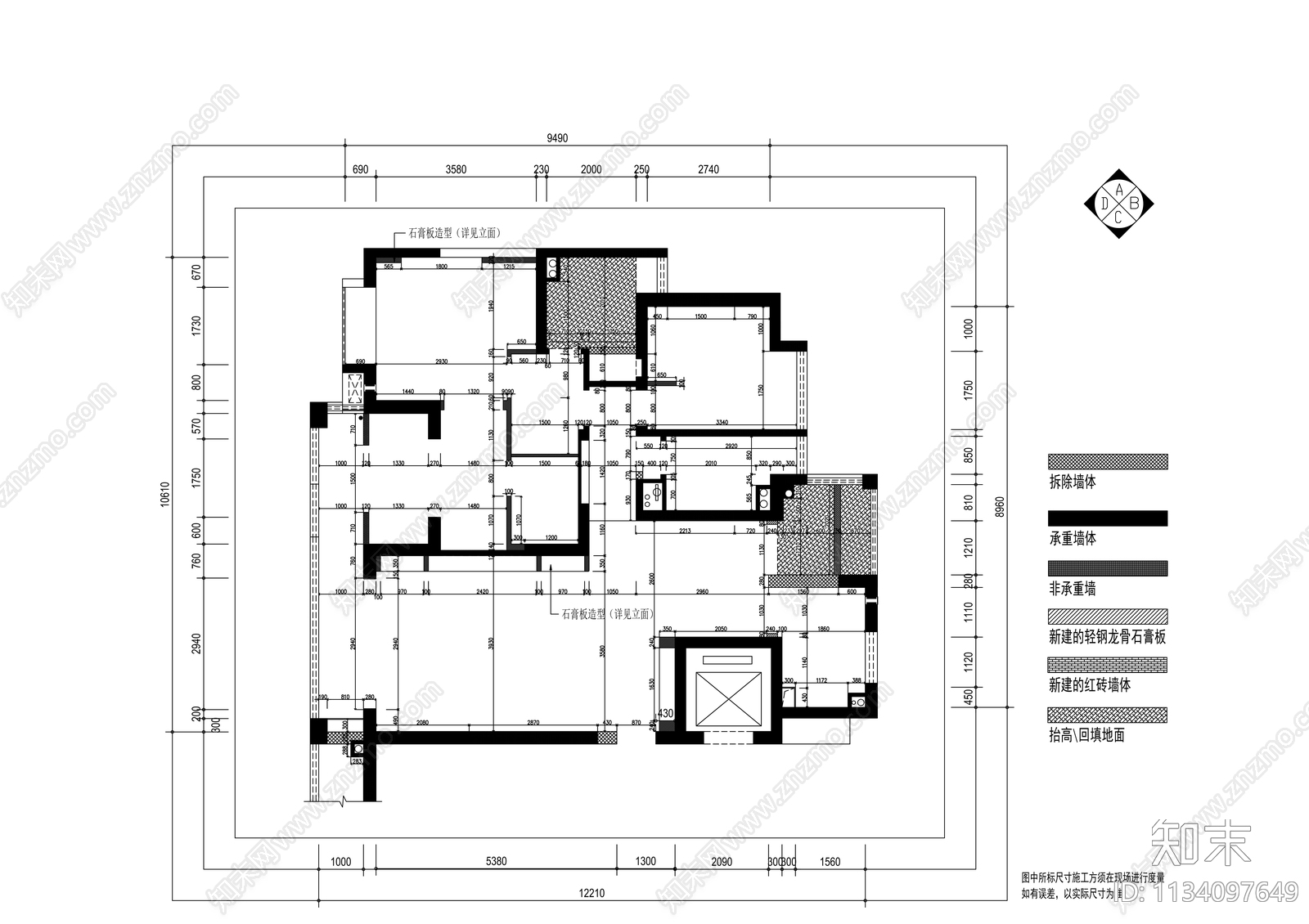 田园风三居室装修cad施工图下载【ID:1134097649】