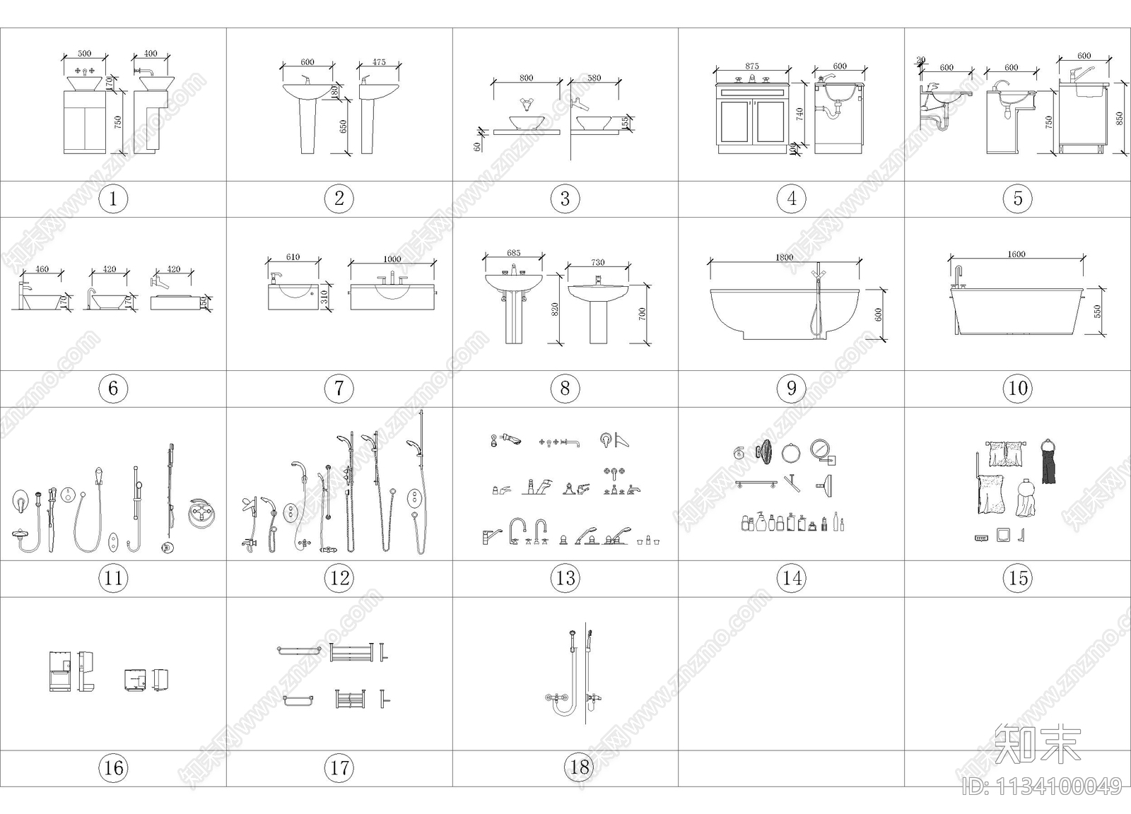 带尺寸的马桶水池花洒合集施工图下载【ID:1134100049】