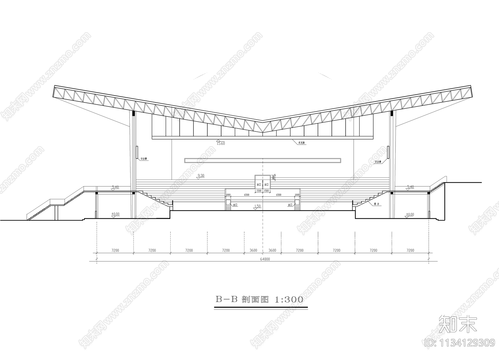 某公园内体育馆建筑cad施工图下载【ID:1134129309】