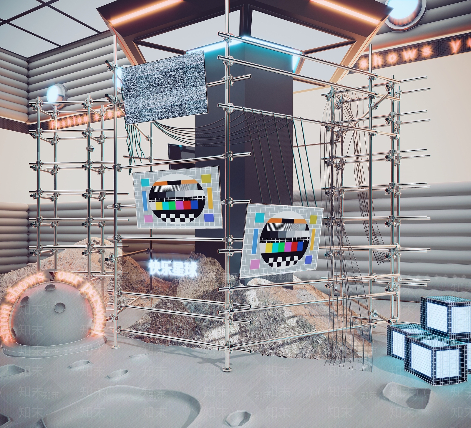 现代脚手架橱窗美陈3D模型下载【ID:1134279111】