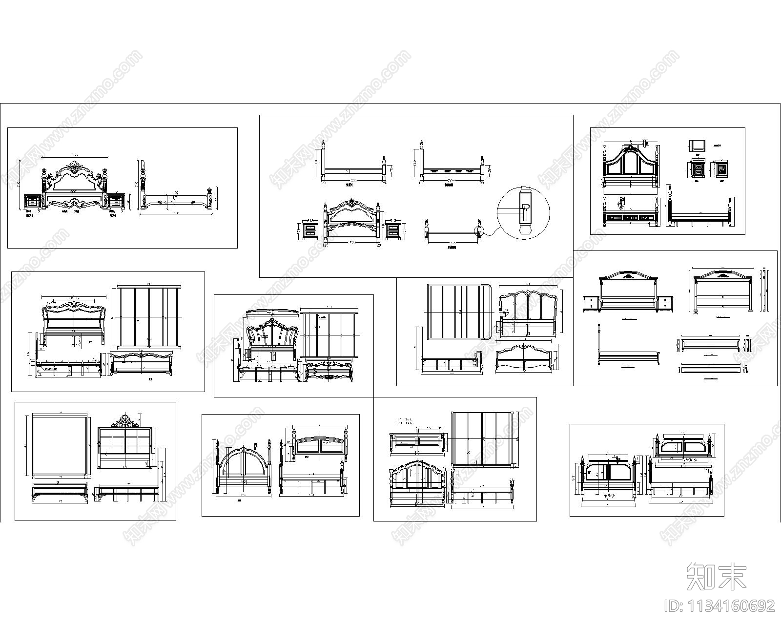欧式雕花床三视图cad施工图下载【ID:1134160692】