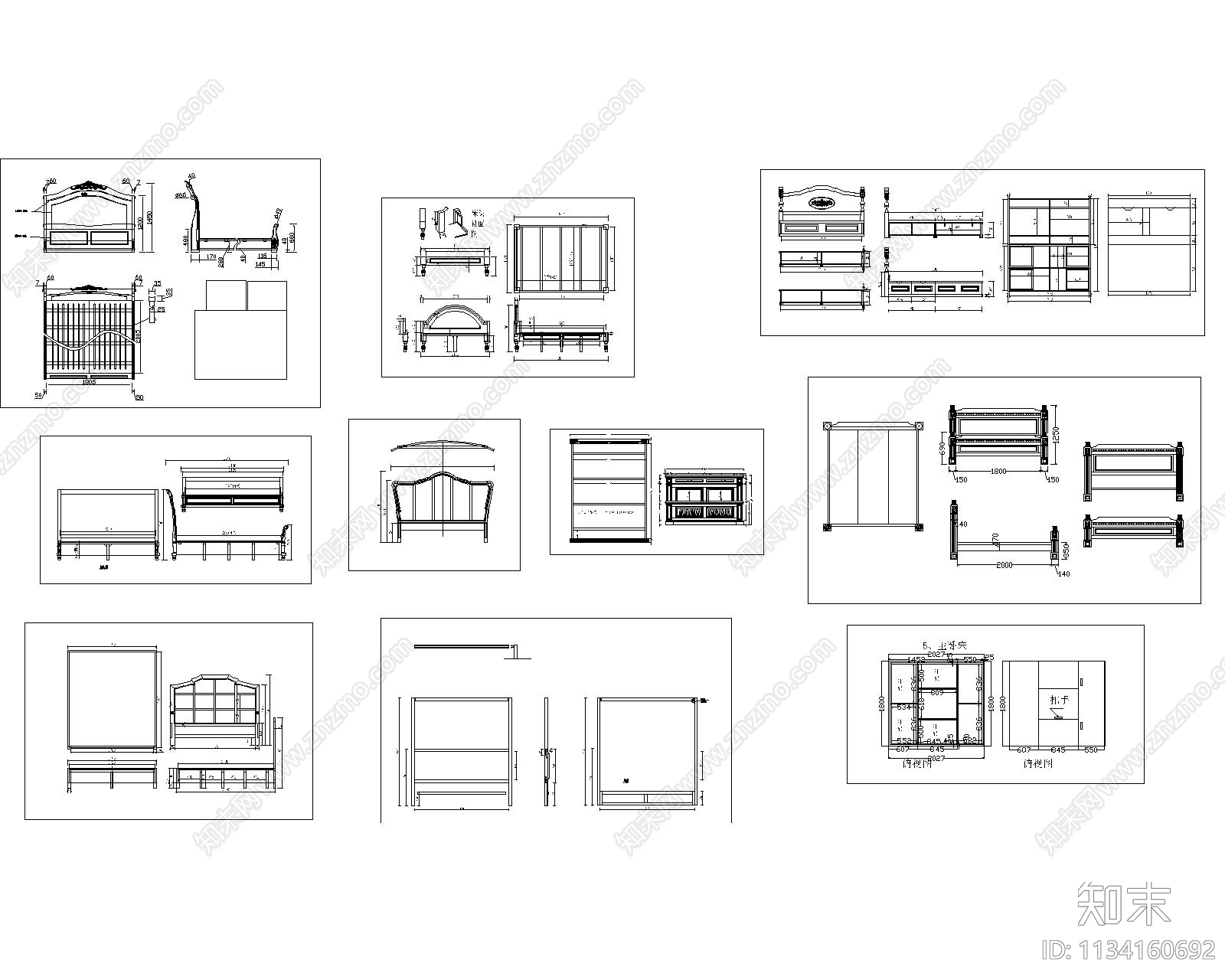 欧式雕花床三视图cad施工图下载【ID:1134160692】