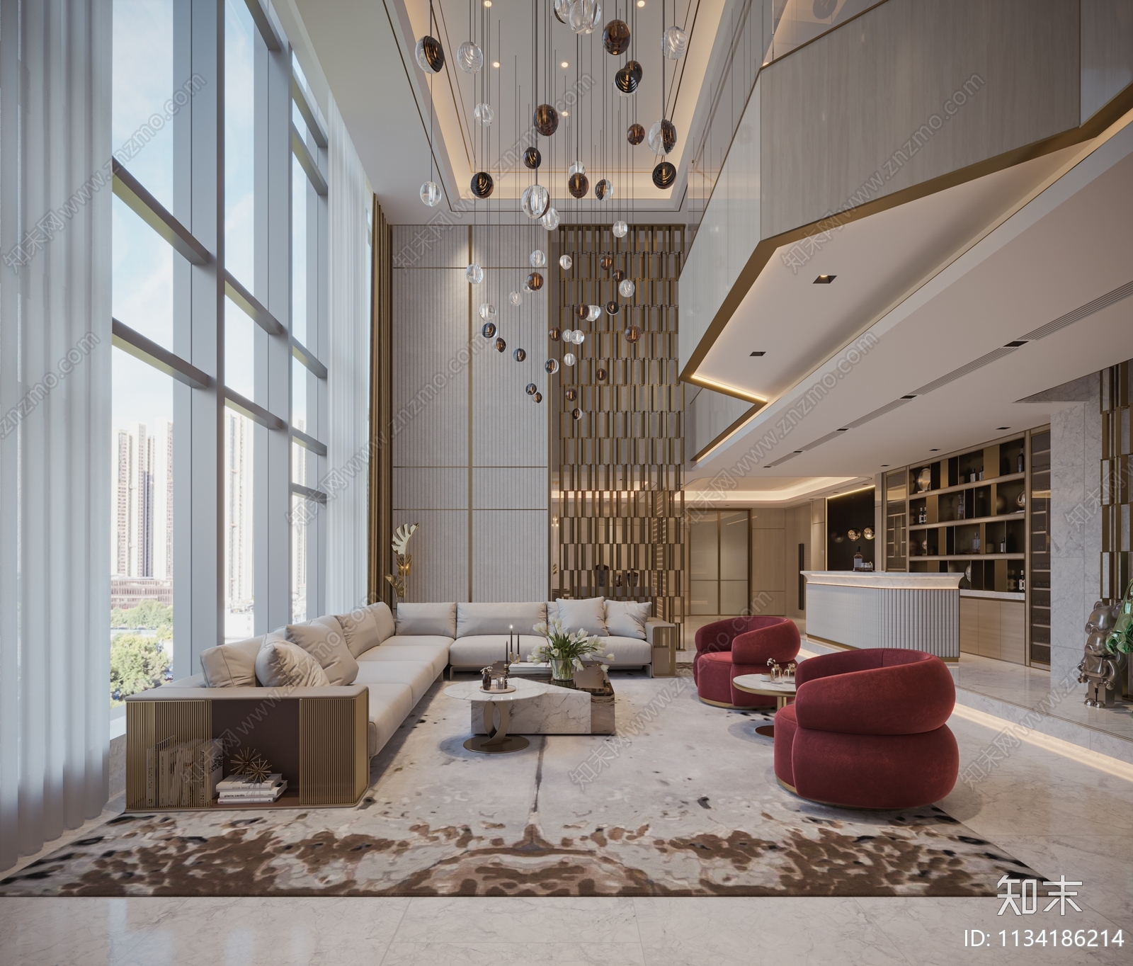 现代奢华豪宅别墅客厅金属隔断3D模型下载【ID:1134186214】