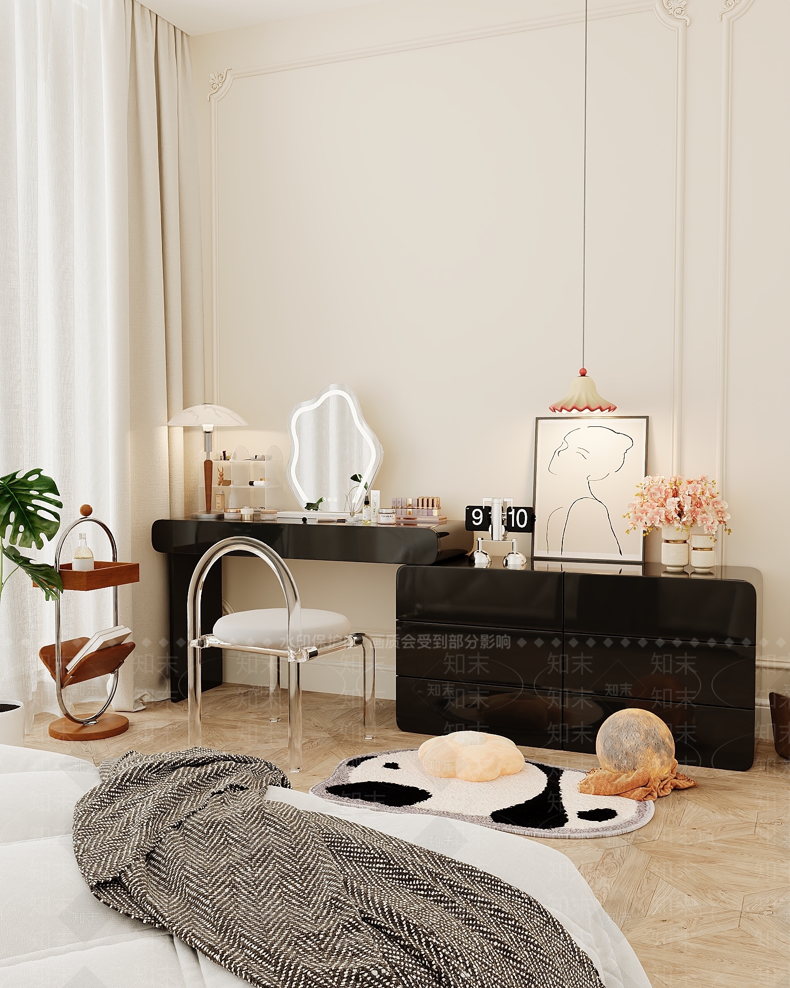 现代奶油风妆台妆凳组合3D模型下载【ID:1134169040】