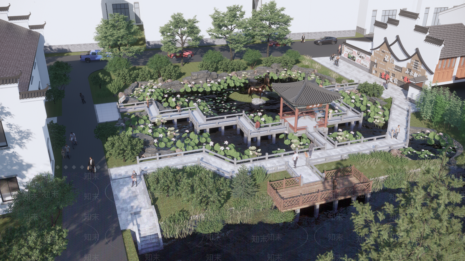 中式滨水景观荷花池SU模型下载【ID:1134186190】