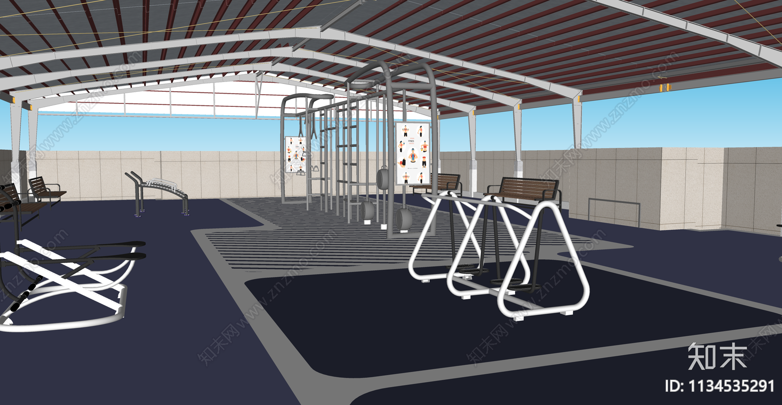 现代屋顶休息健身活动空间SU模型下载【ID:1134535291】
