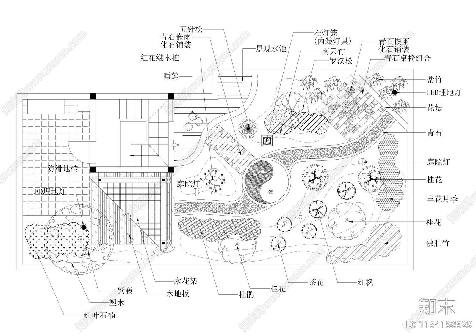 公司办公室屋顶花园平面图cad施工图下载【ID:1134188529】