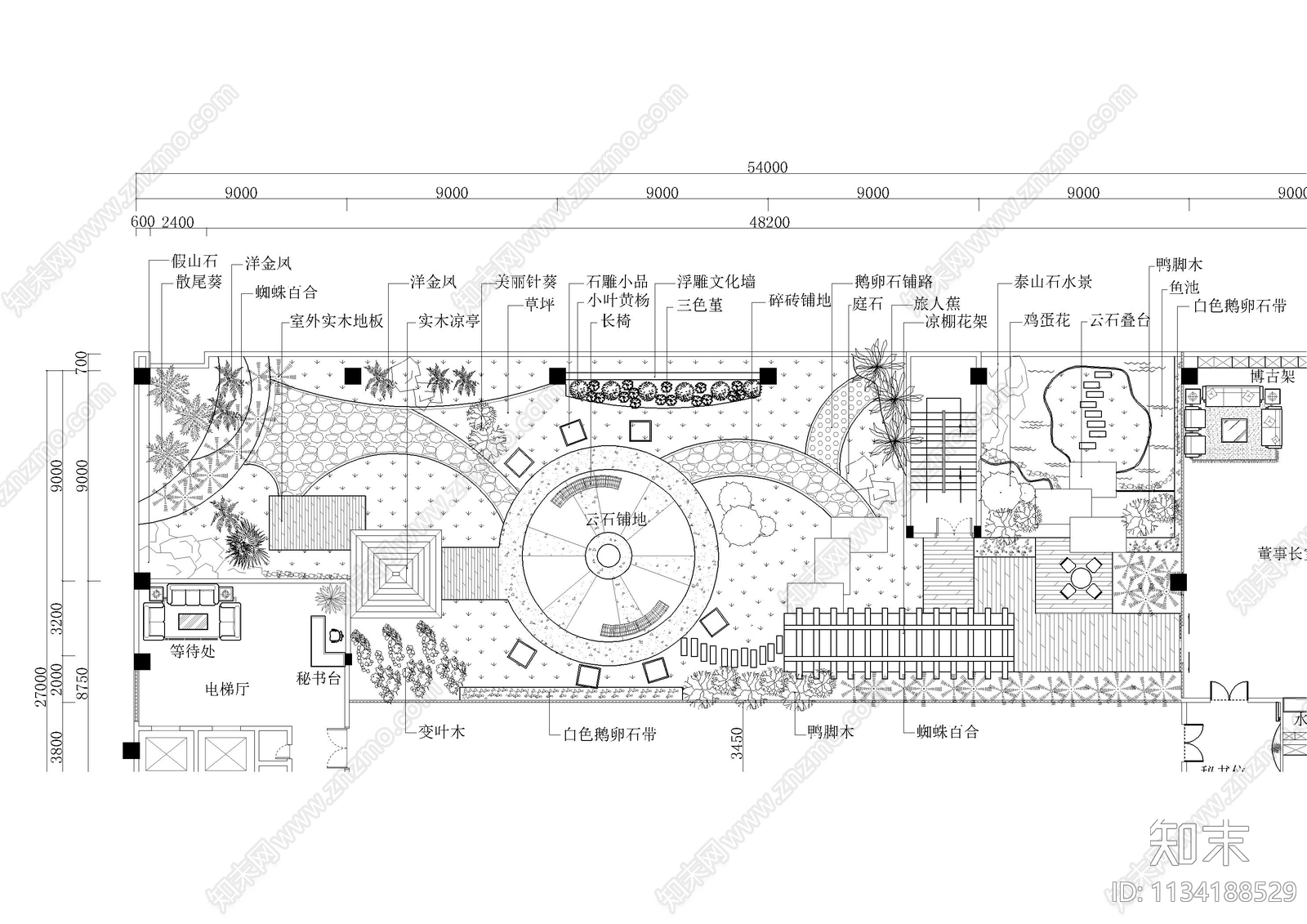 公司办公室屋顶花园平面图cad施工图下载【ID:1134188529】