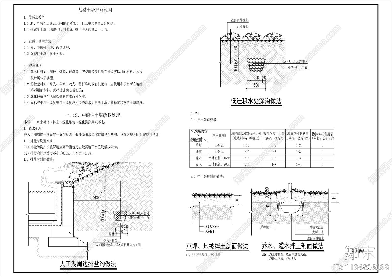 绿化种植范围盐碱土处理设计说明cad施工图下载【ID:1134206083】