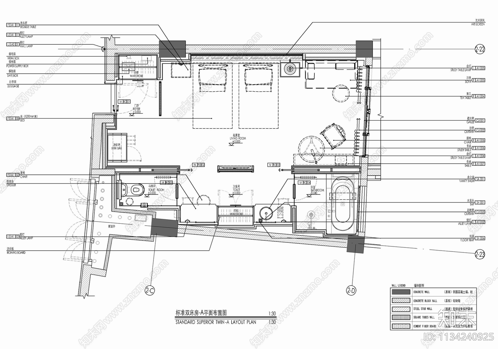 45㎡酒店标准双床房施工图下载【ID:1134240925】