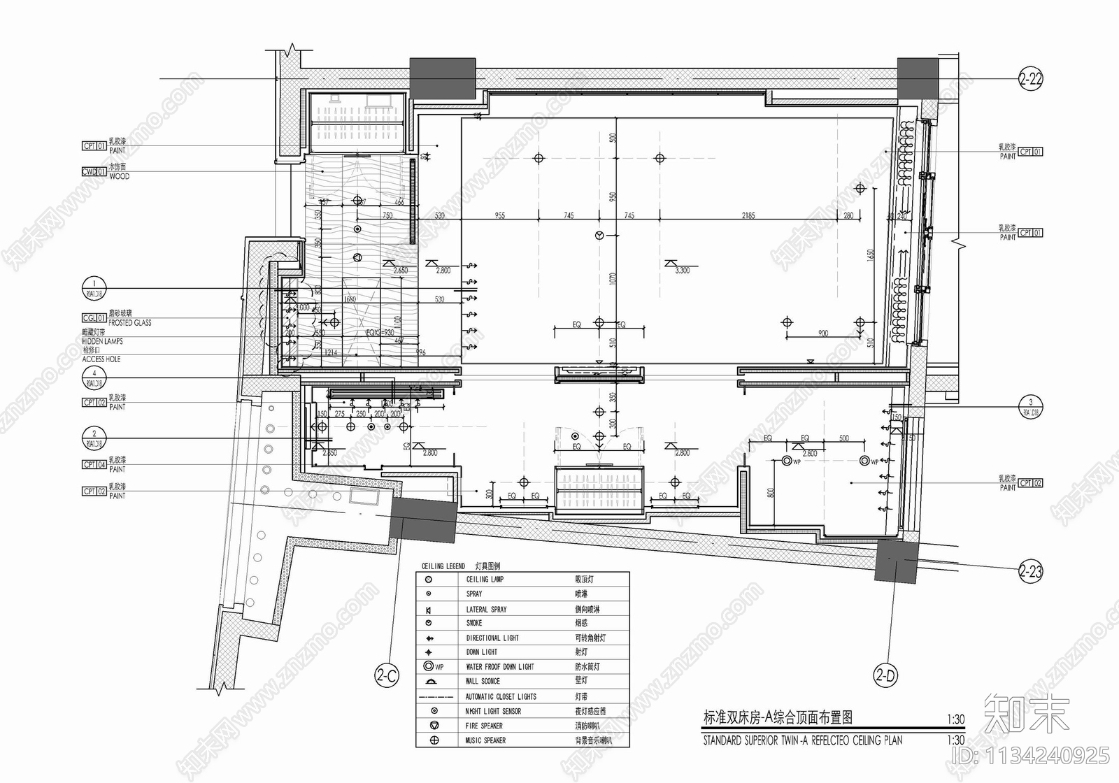 45㎡酒店标准双床房cad施工图下载【ID:1134240925】