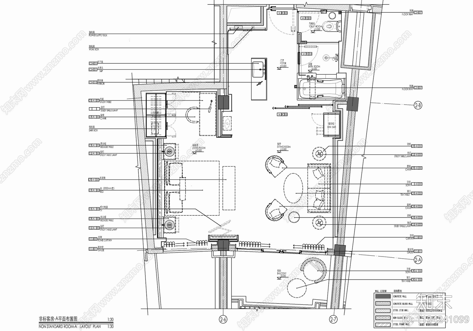65㎡酒店大床房套房cad施工图下载【ID:1134241099】
