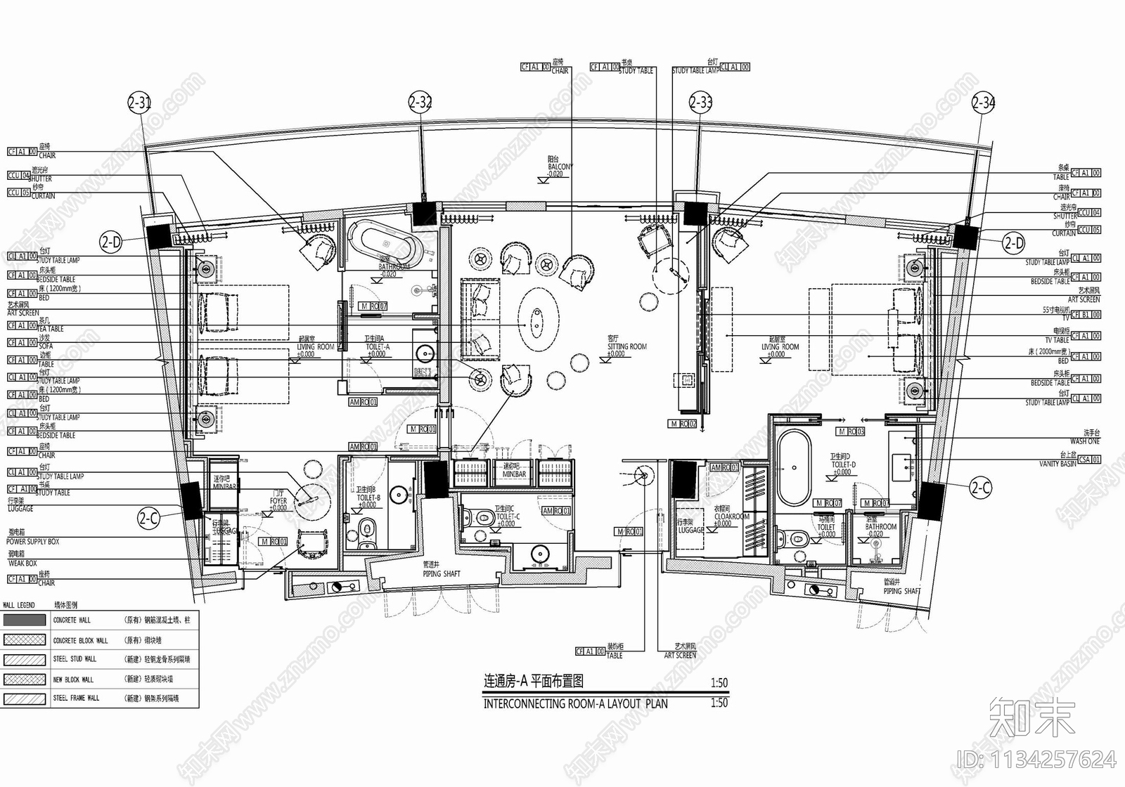 165㎡酒店连通客房套房cad施工图下载【ID:1134257624】
