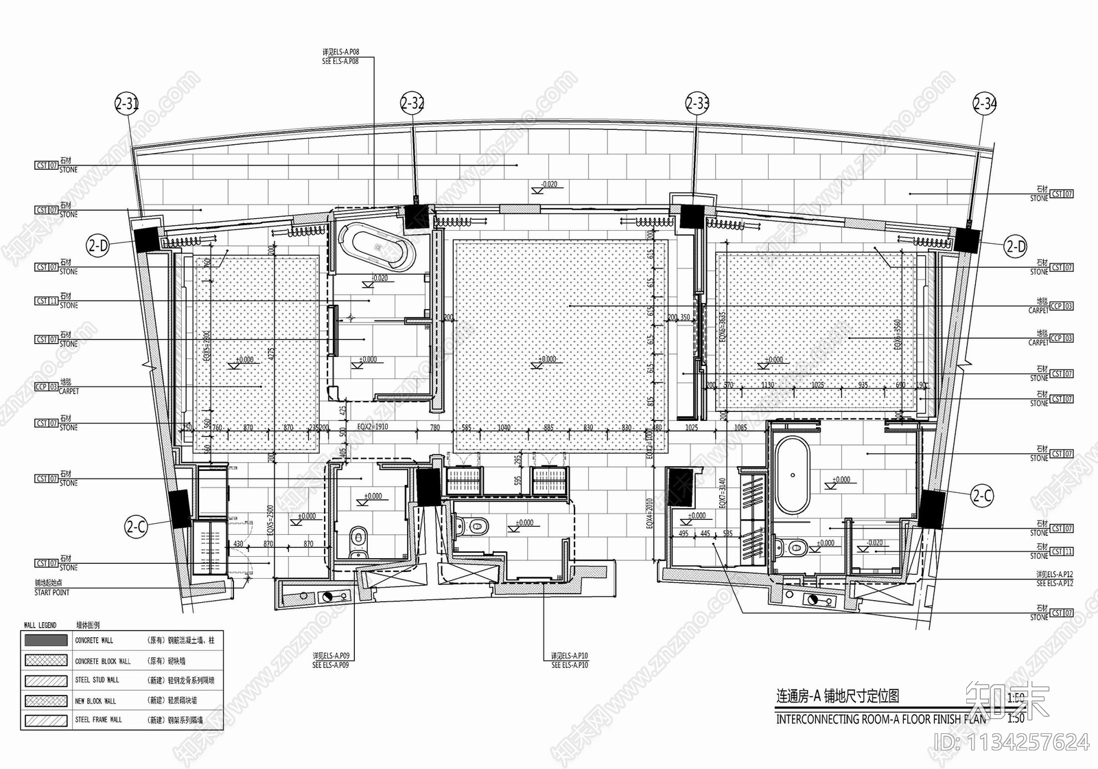165㎡酒店连通客房套房cad施工图下载【ID:1134257624】