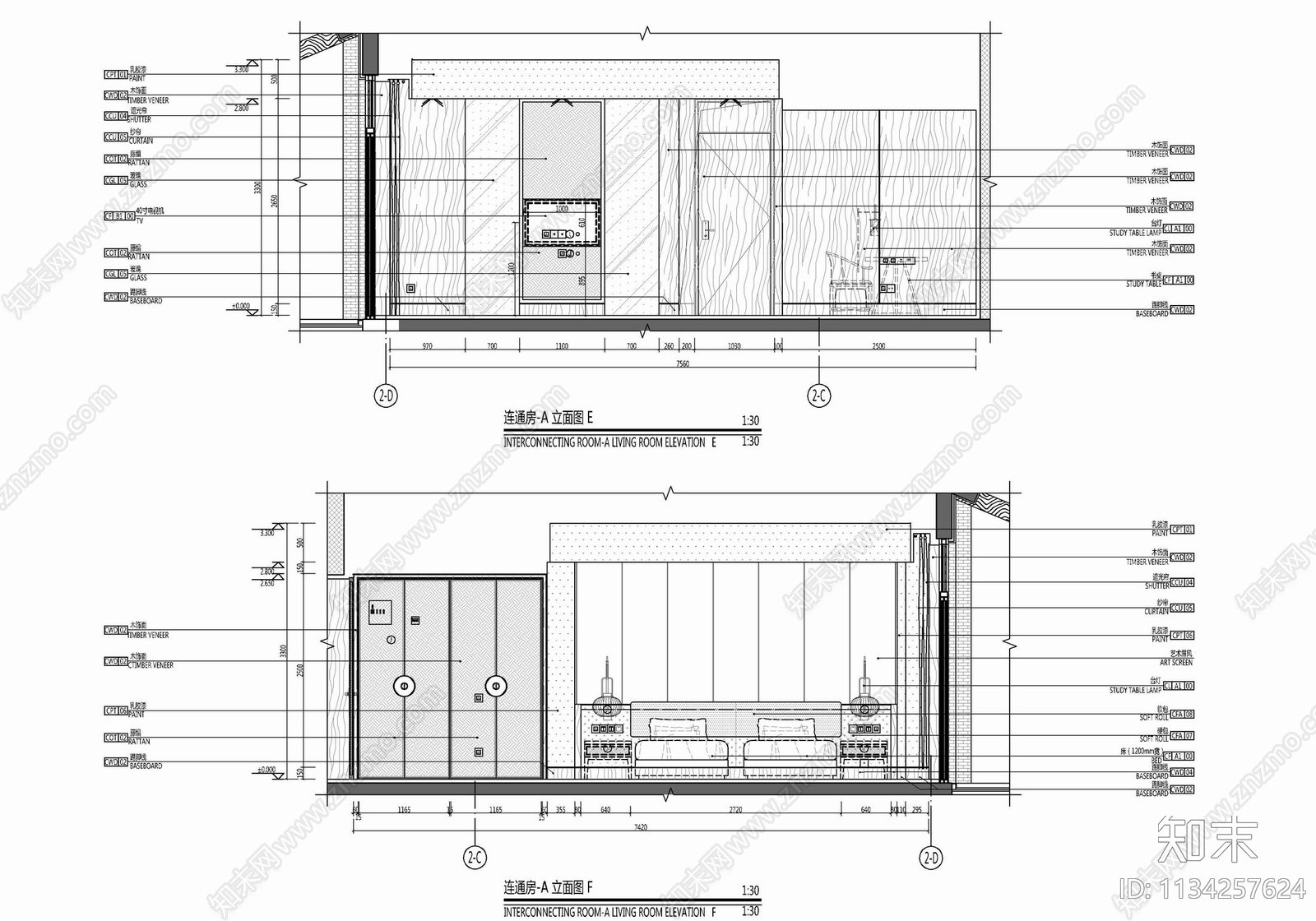 165㎡酒店连通客房套房cad施工图下载【ID:1134257624】