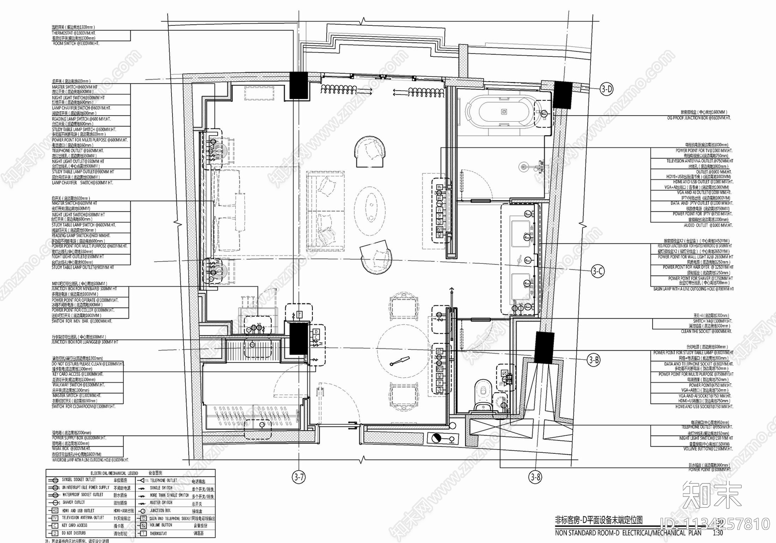65㎡酒店大床房cad施工图下载【ID:1134257810】