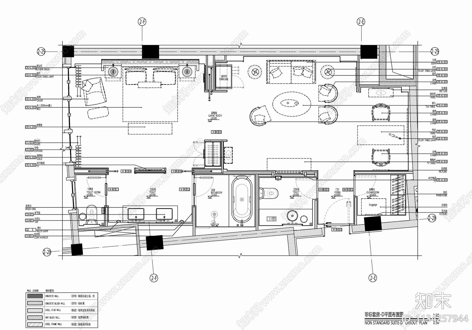 80㎡酒店大床房cad施工图下载【ID:1134257944】