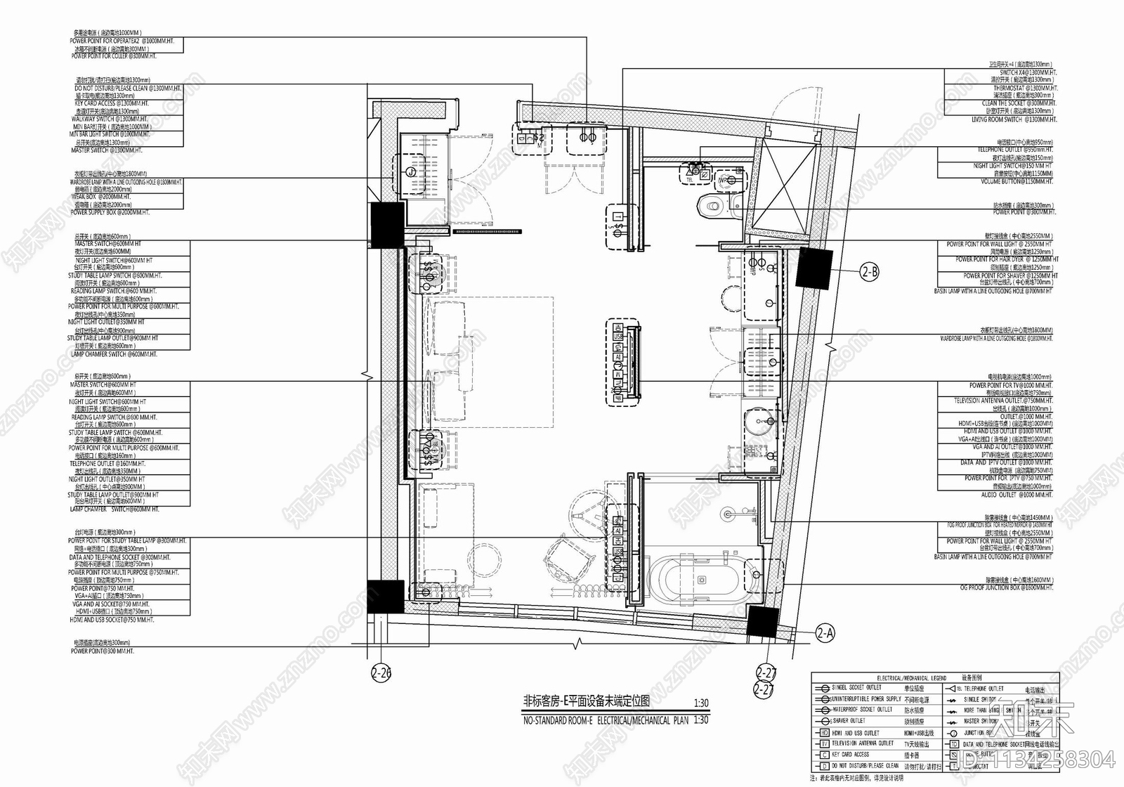 45㎡酒店标准大床房cad施工图下载【ID:1134258304】