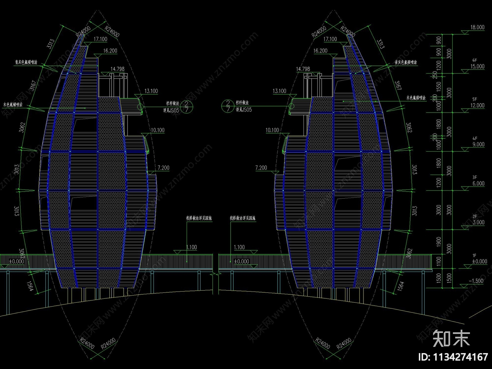 现代巢状观光塔建筑详图cad施工图下载【ID:1134274167】