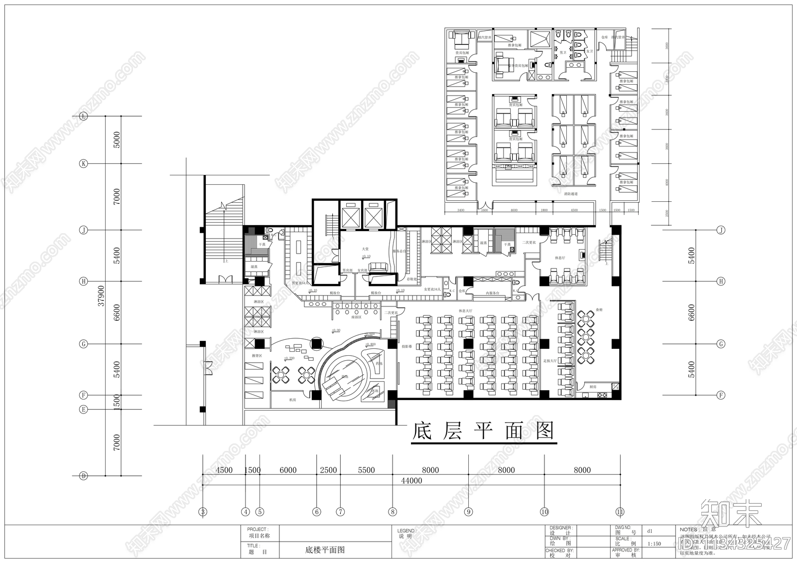 四星级酒店桑拿洗浴装修cad施工图下载【ID:1134325427】