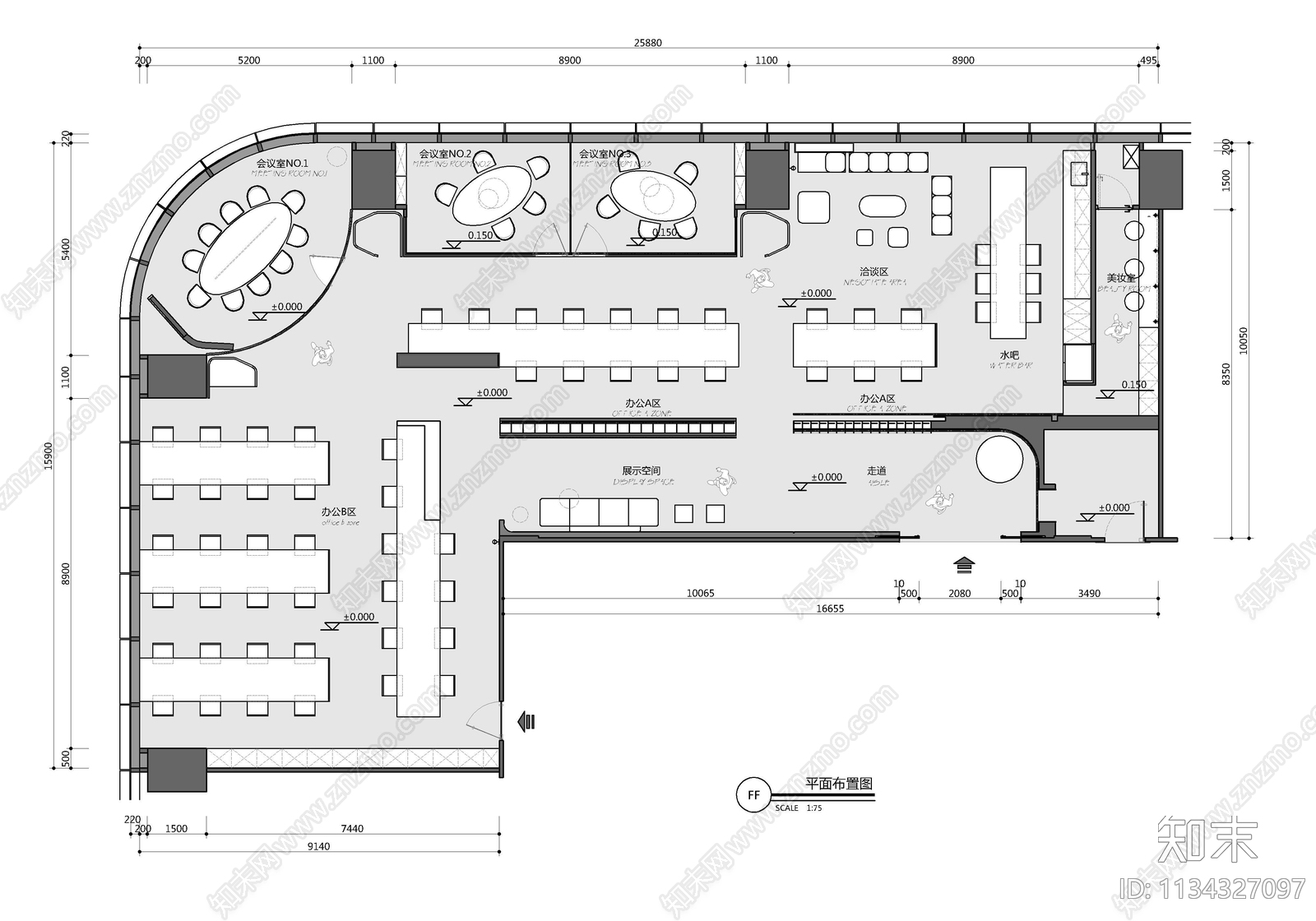 350㎡办公室cad施工图下载【ID:1134327097】