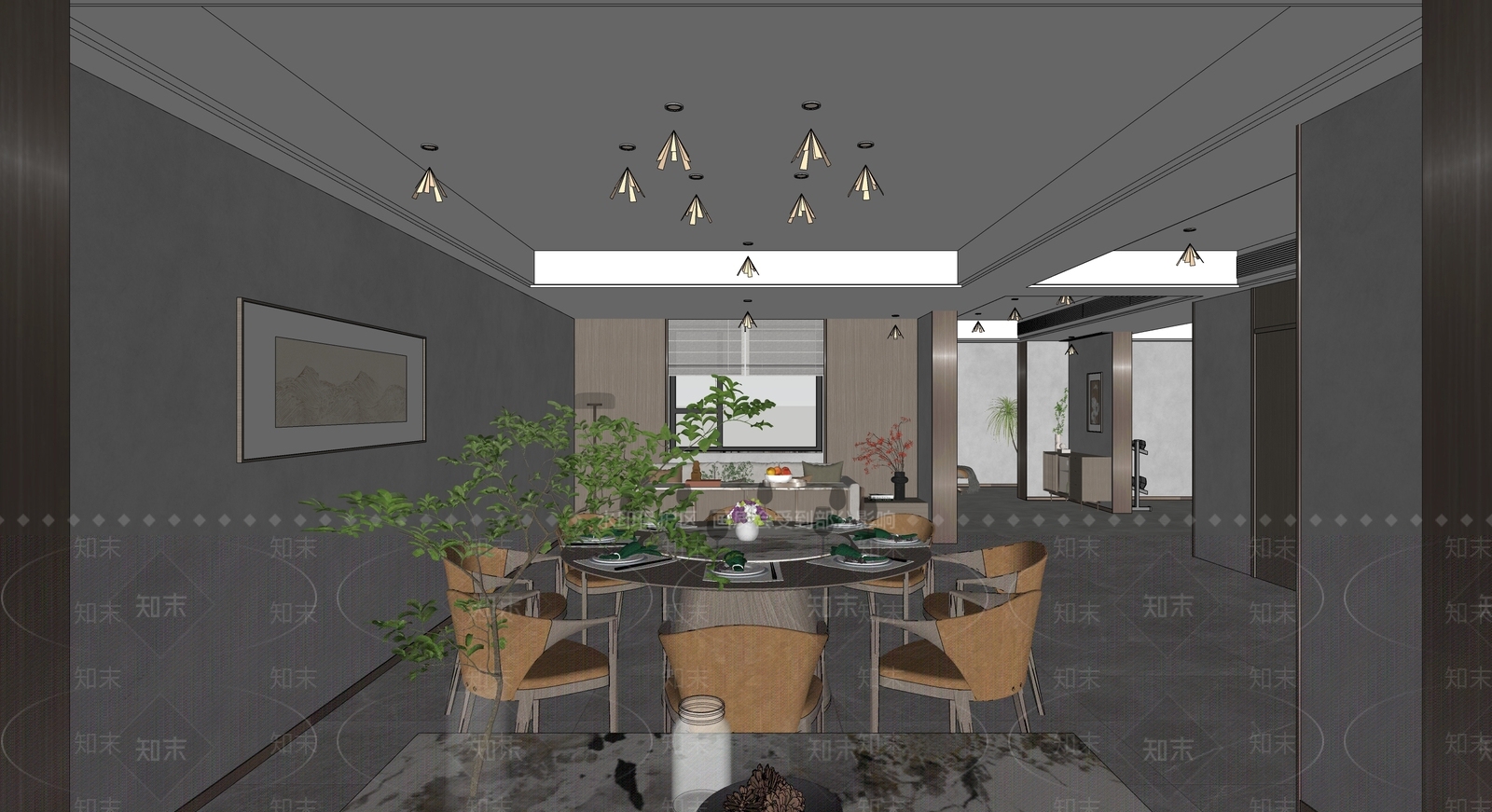 现代轻奢别墅客厅SU模型下载【ID:1134328504】