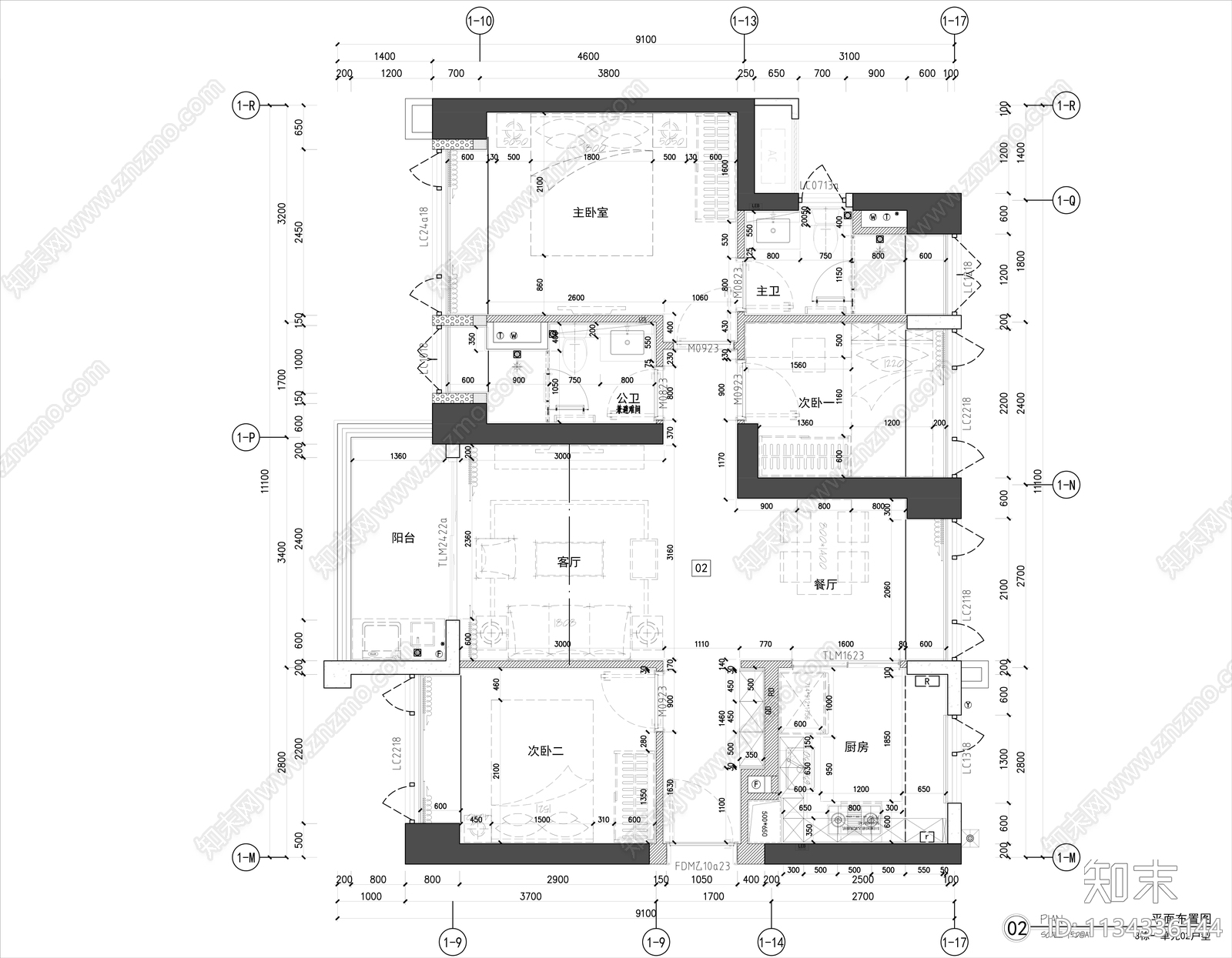 105平家装平层室内效果图施工图下载【ID:1134336144】