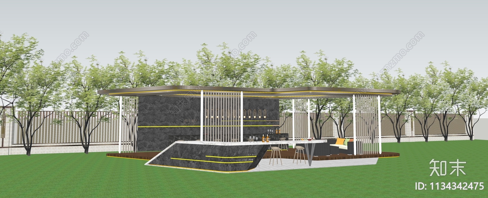 现代大区室外会客厅吧台廊架SU模型下载【ID:1134342475】