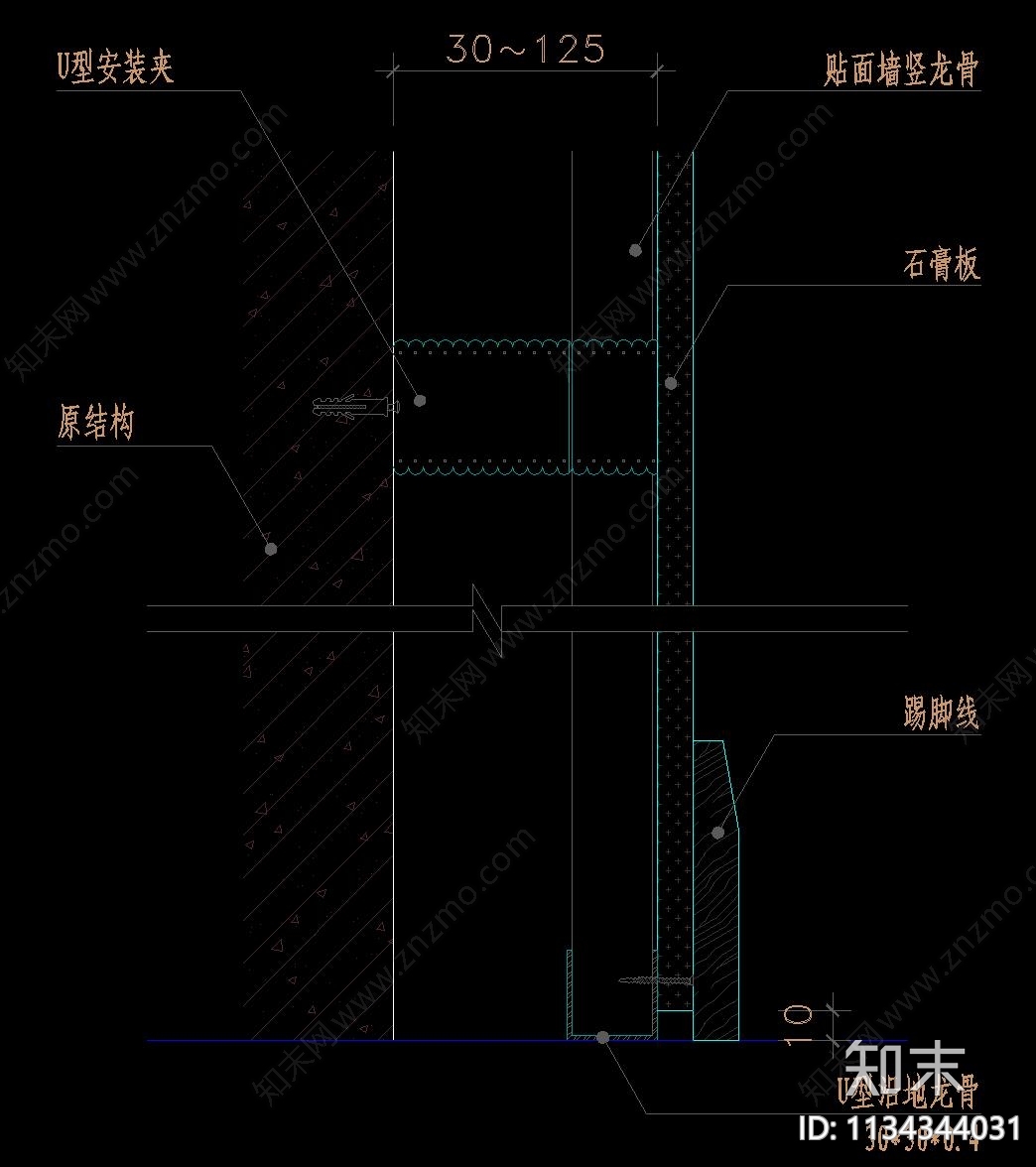 轻钢龙骨石膏板隔墙节点cad施工图下载【ID:1134344031】