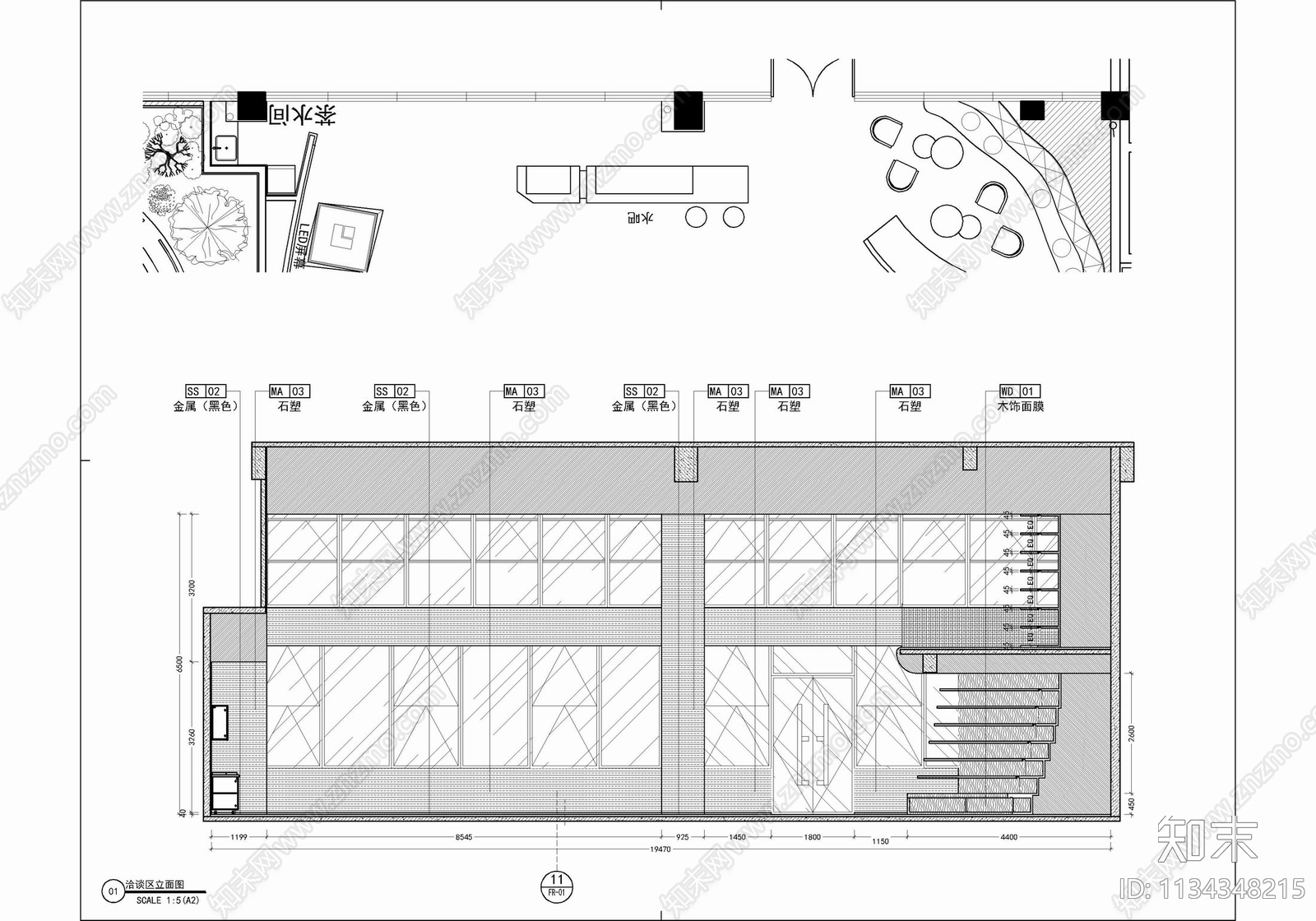 800㎡销售中心cad施工图下载【ID:1134348215】