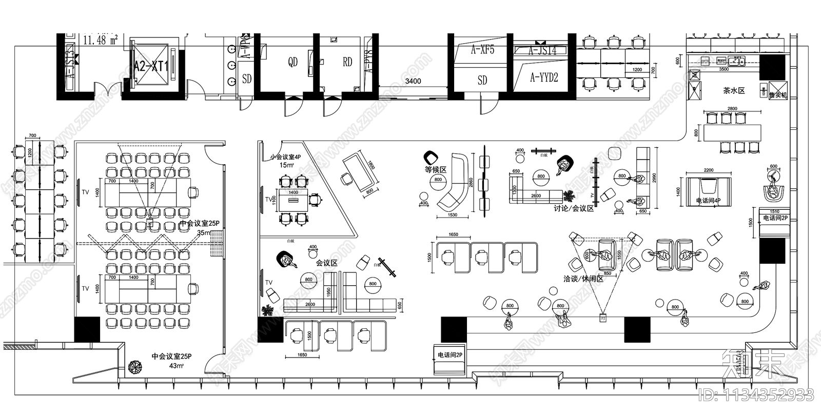 450m²共享办公空间平面布置图施工图下载【ID:1134352933】