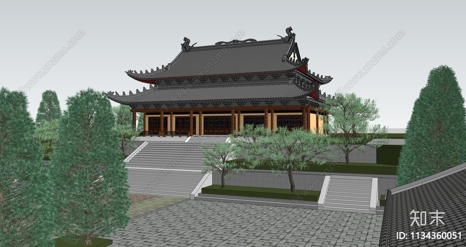 中式寺庙建筑SU模型下载【ID:1134360051】