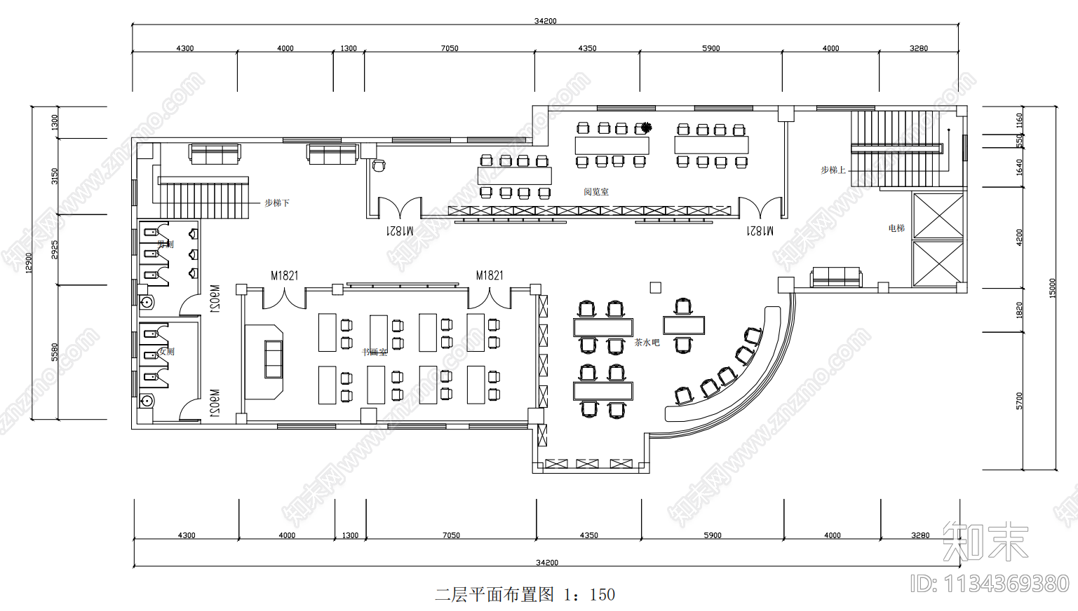 三层老年活动中心平面布置图cad施工图下载【ID:1134369380】