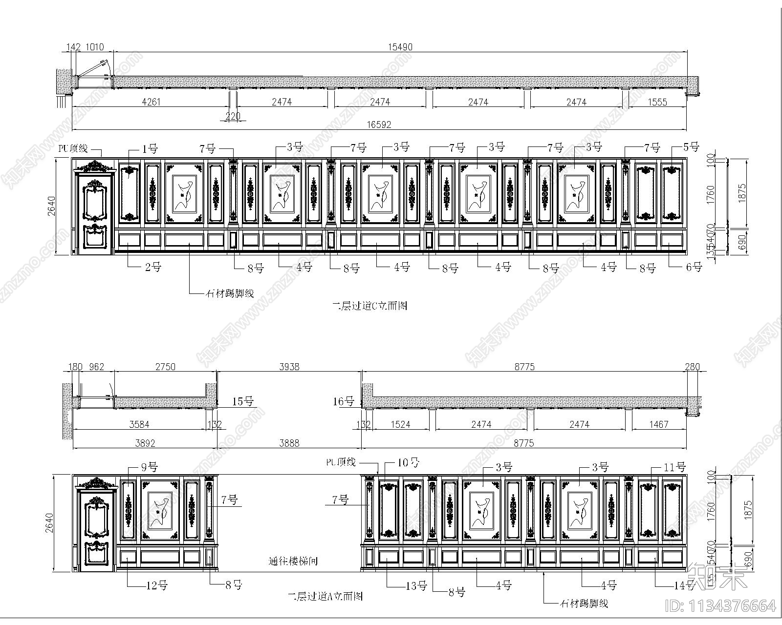 法式楼梯过廊墙板cad施工图下载【ID:1134376664】