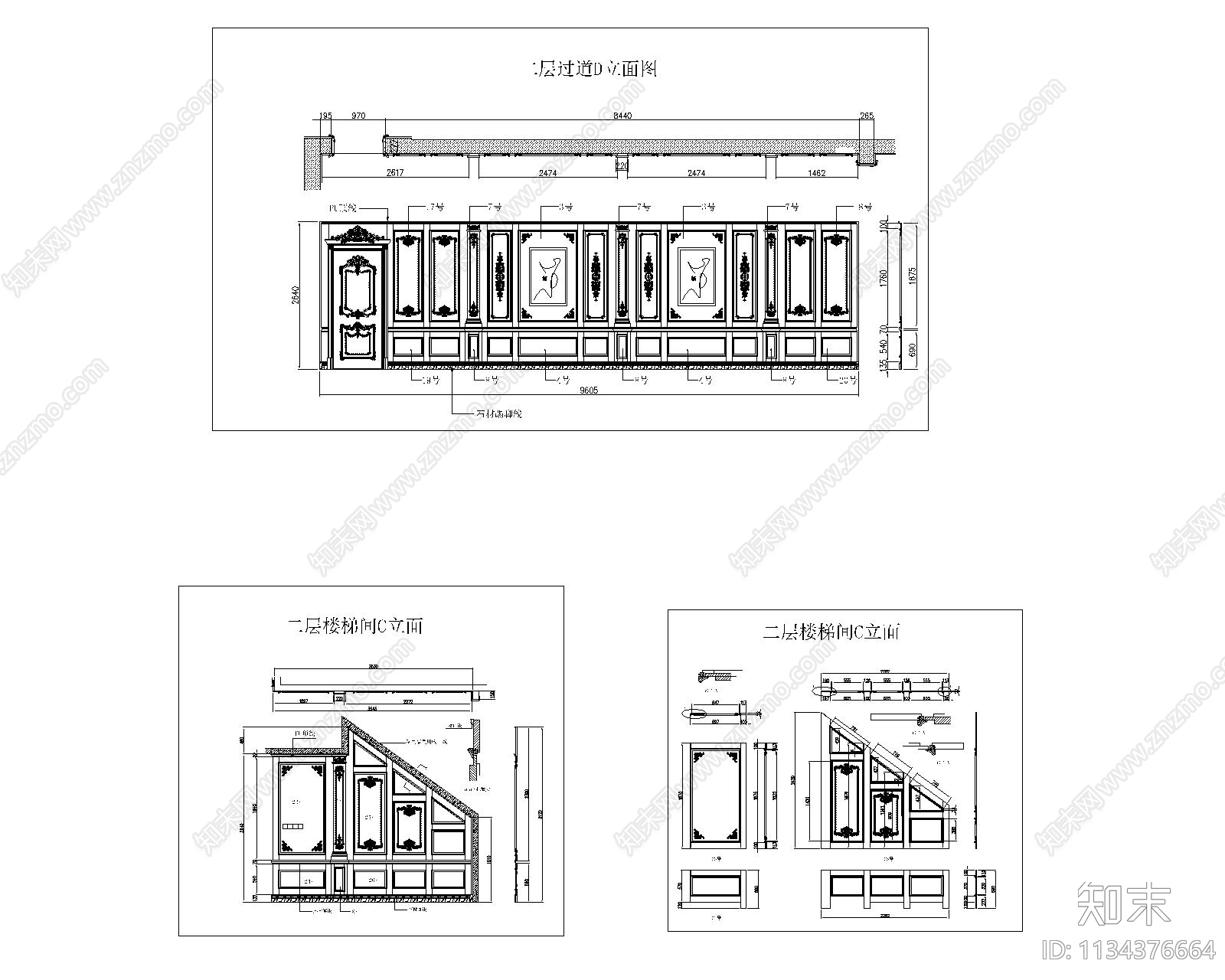 法式楼梯过廊墙板cad施工图下载【ID:1134376664】