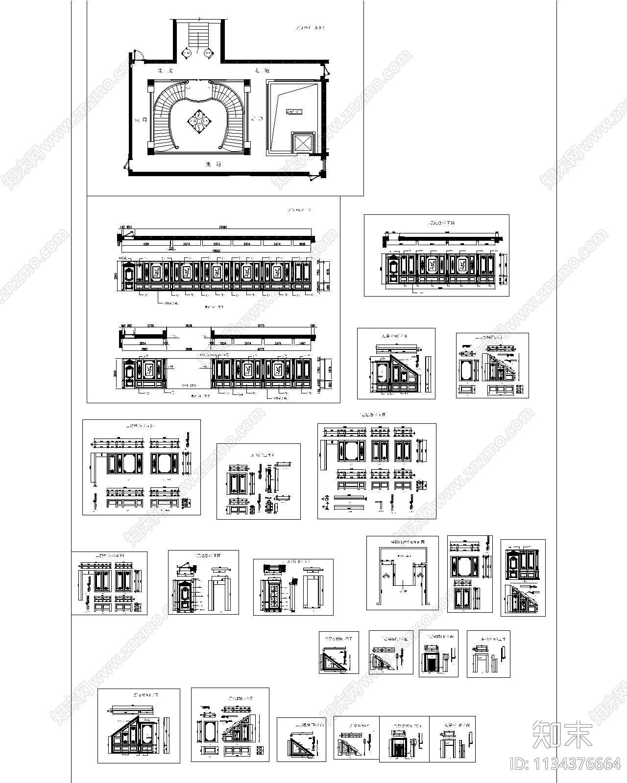 法式楼梯过廊墙板cad施工图下载【ID:1134376664】