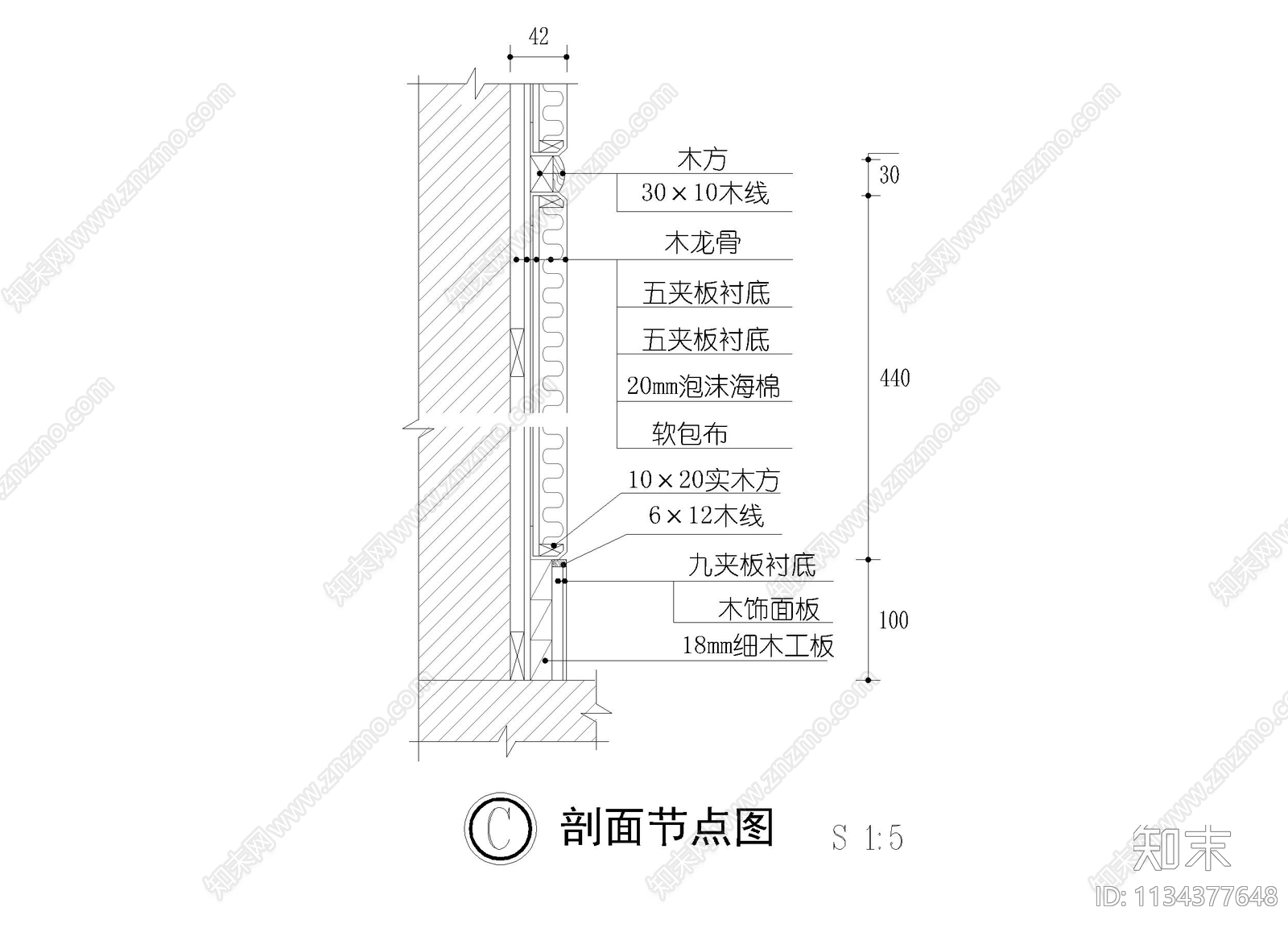 木纹及软包布节点详图cad施工图下载【ID:1134377648】