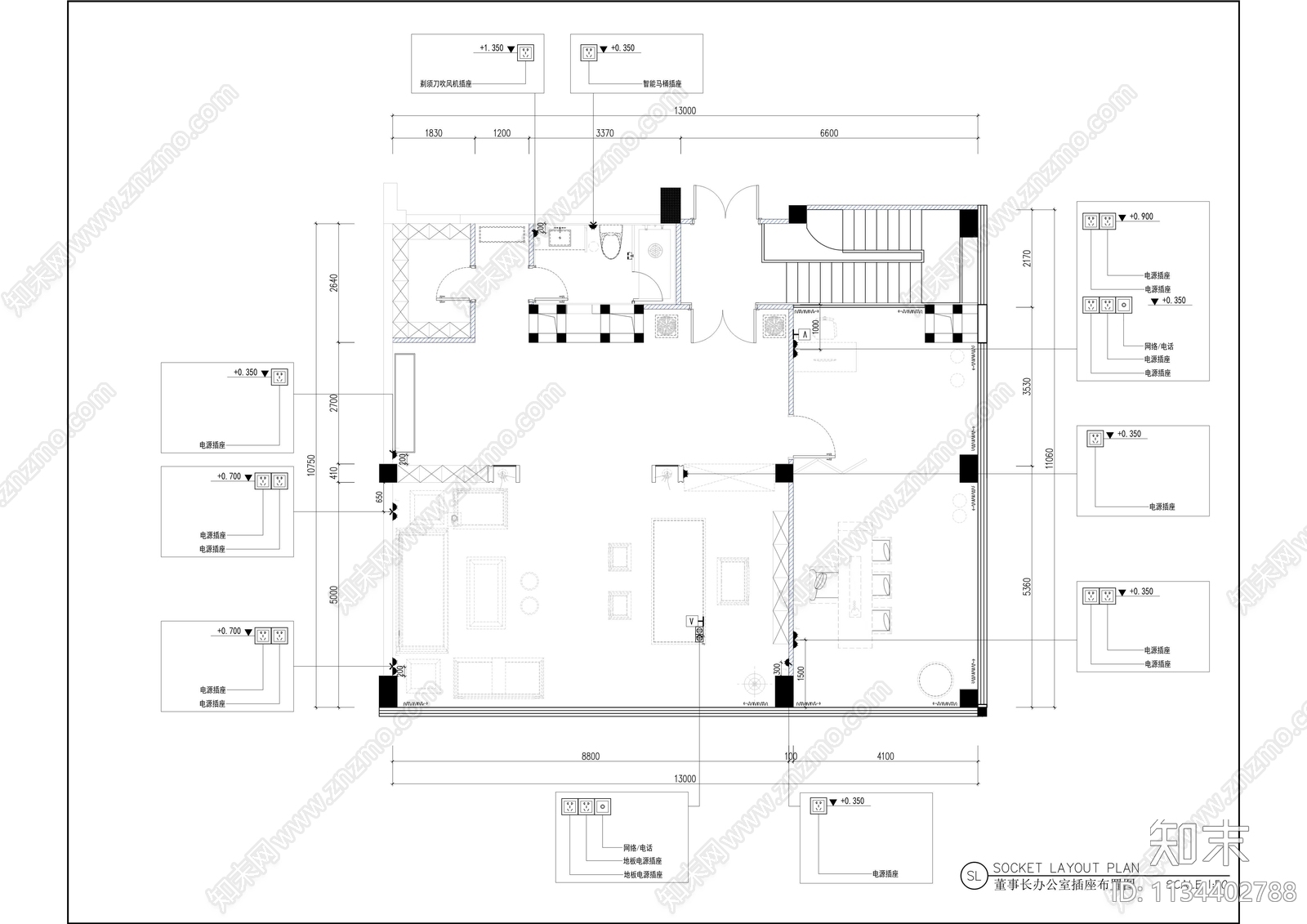 董事长办公室cad施工图下载【ID:1134402788】