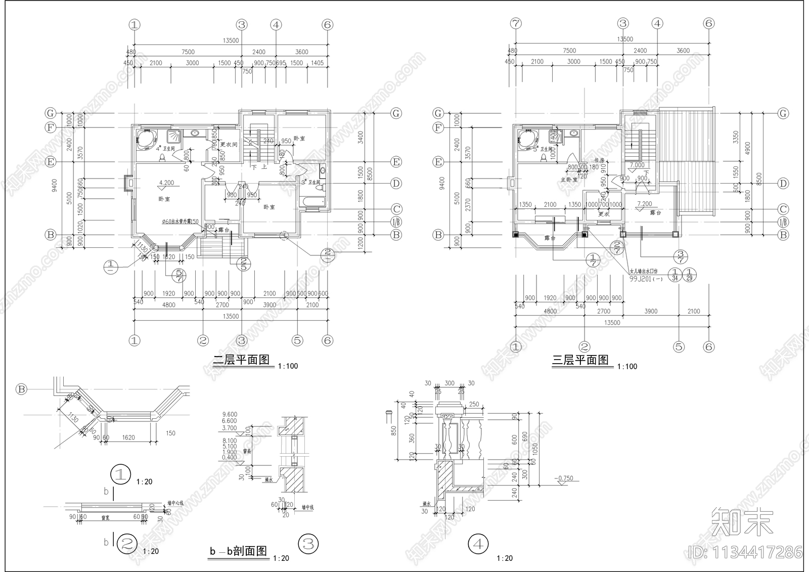 三层法式别墅建筑图cad施工图下载【ID:1134417286】