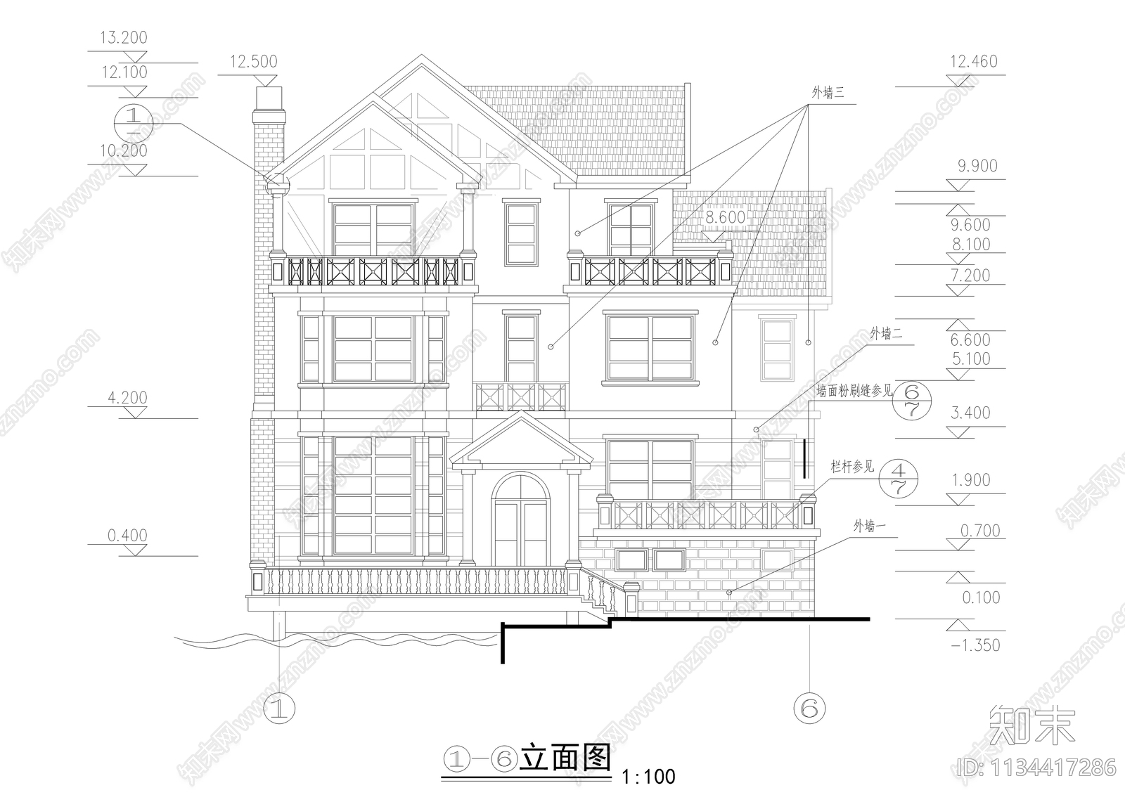 三层法式别墅建筑图cad施工图下载【ID:1134417286】