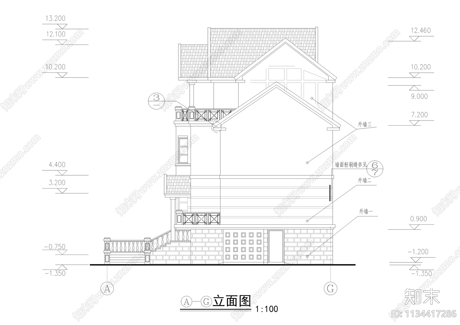 三层法式别墅建筑图cad施工图下载【ID:1134417286】