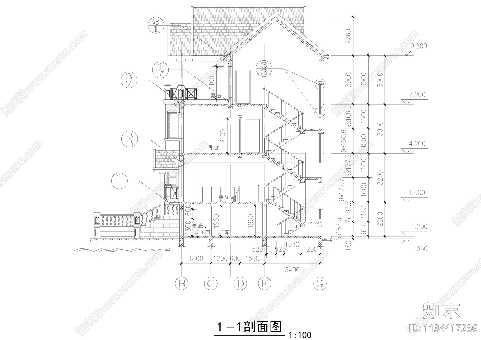 三层法式别墅建筑图cad施工图下载【ID:1134417286】