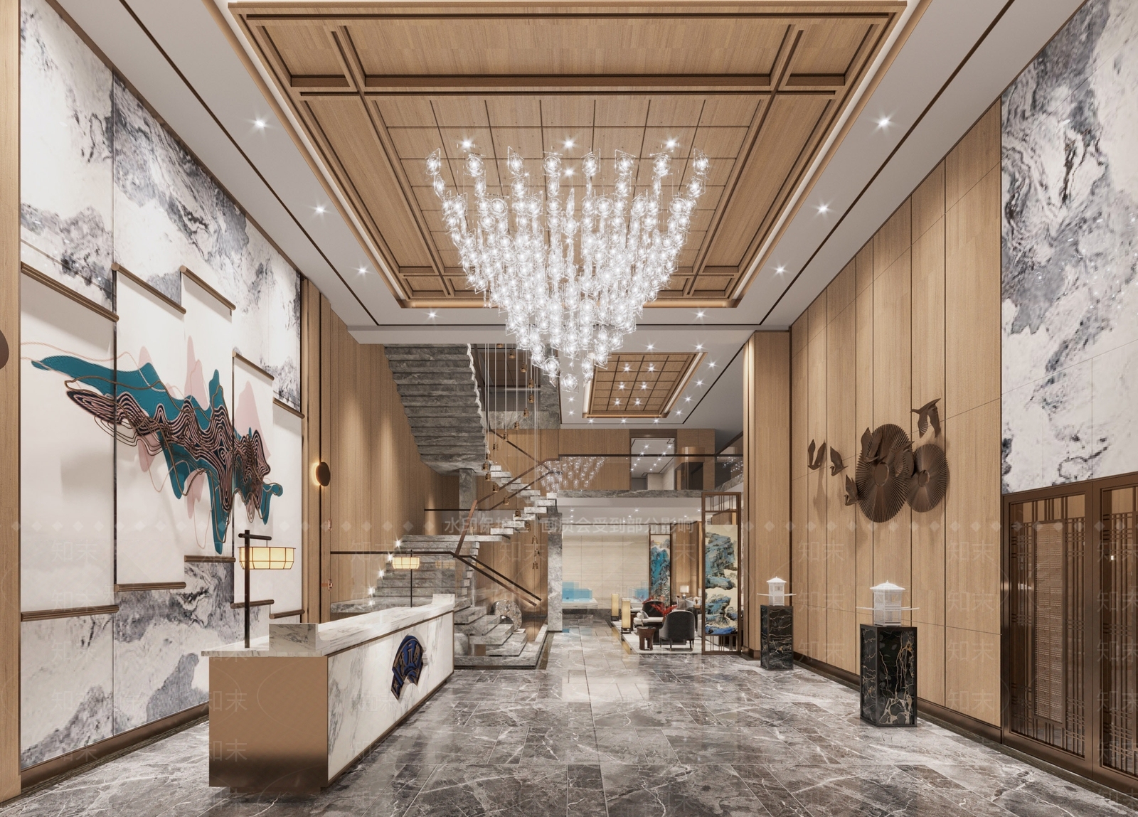 新中式酒店大堂SU模型下载【ID:1134428505】